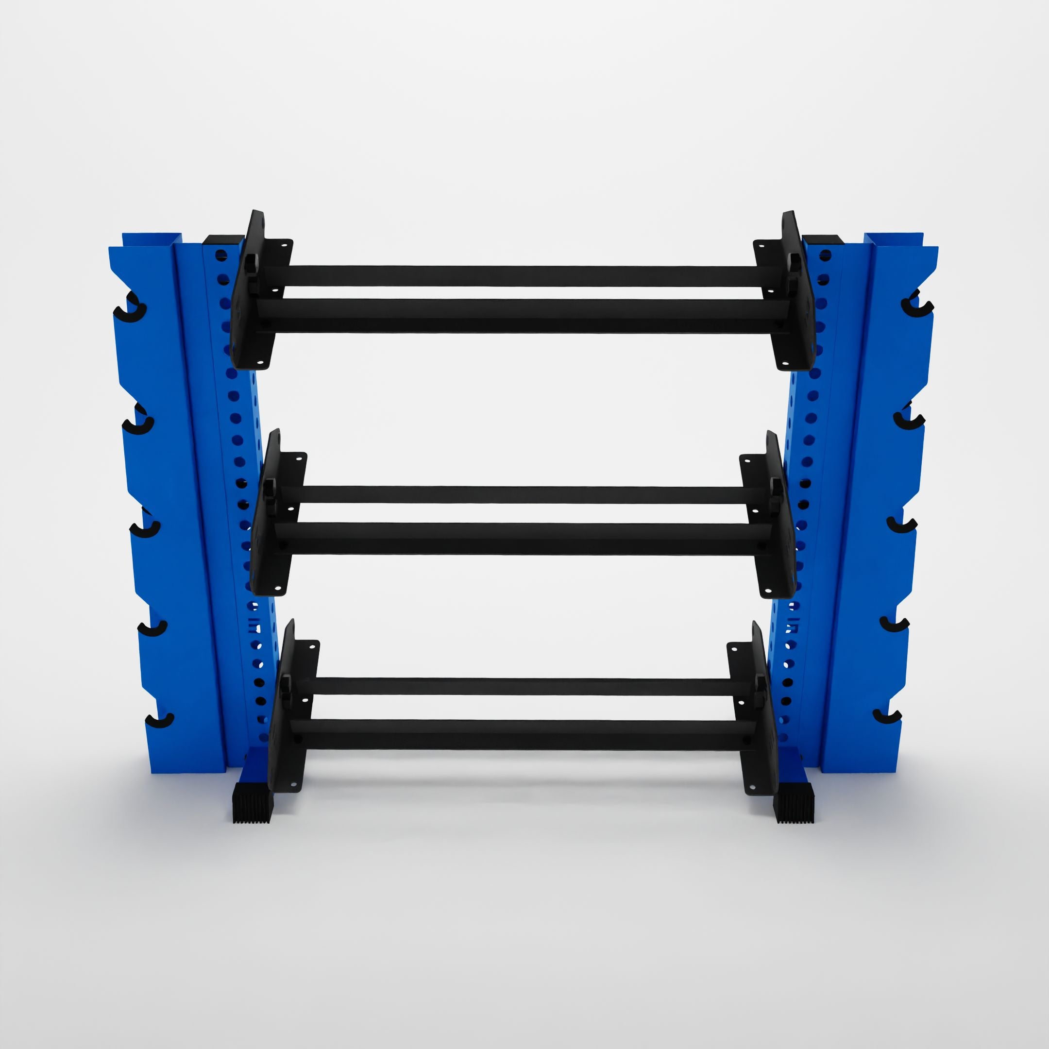 blue 43-inch alpha 3-tier horizontal dumbbell rack with elite vertical add-ons