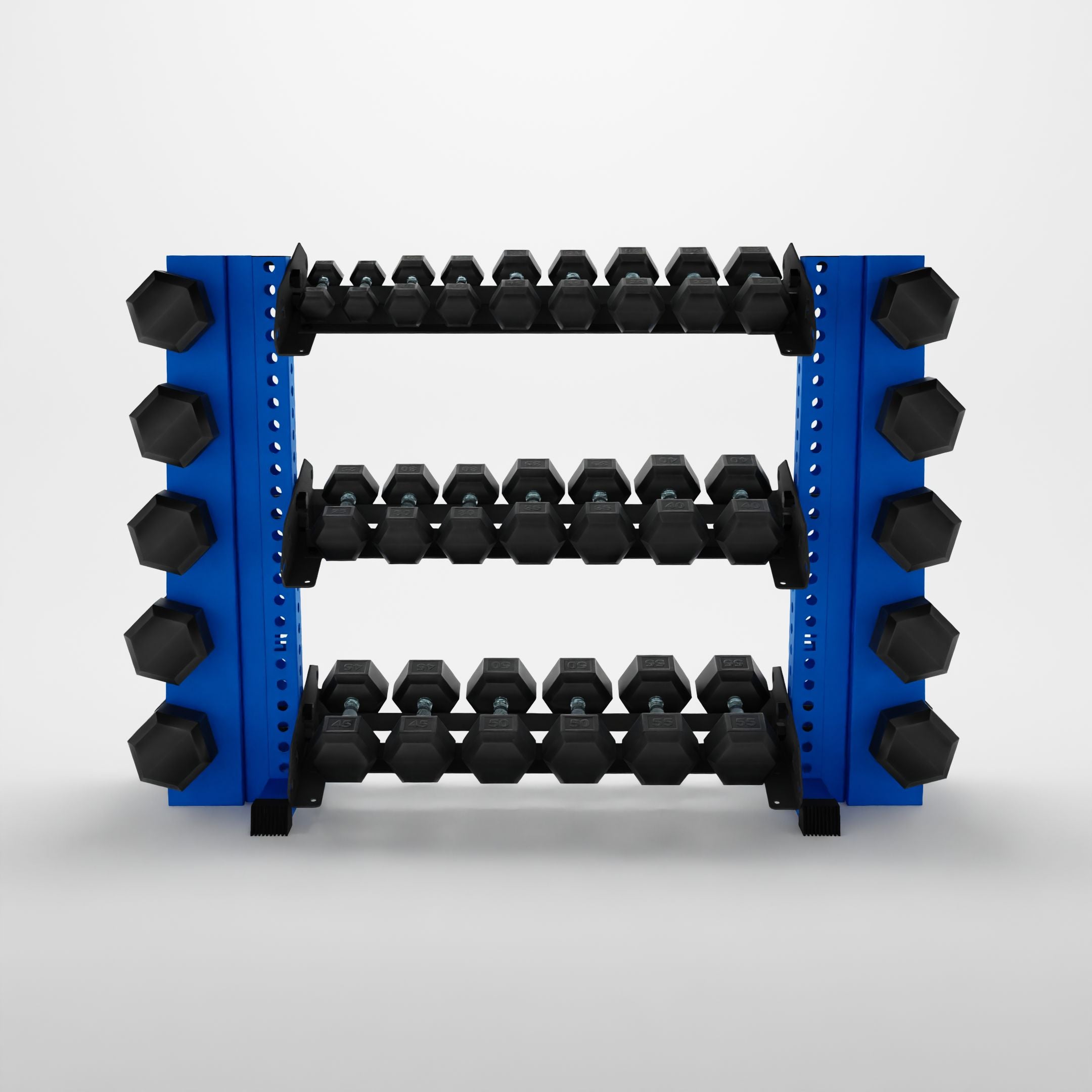 blue 43-inch alpha 3-tier horizontal dumbbell rack with elite vertical add-ons storing hex dumbbells