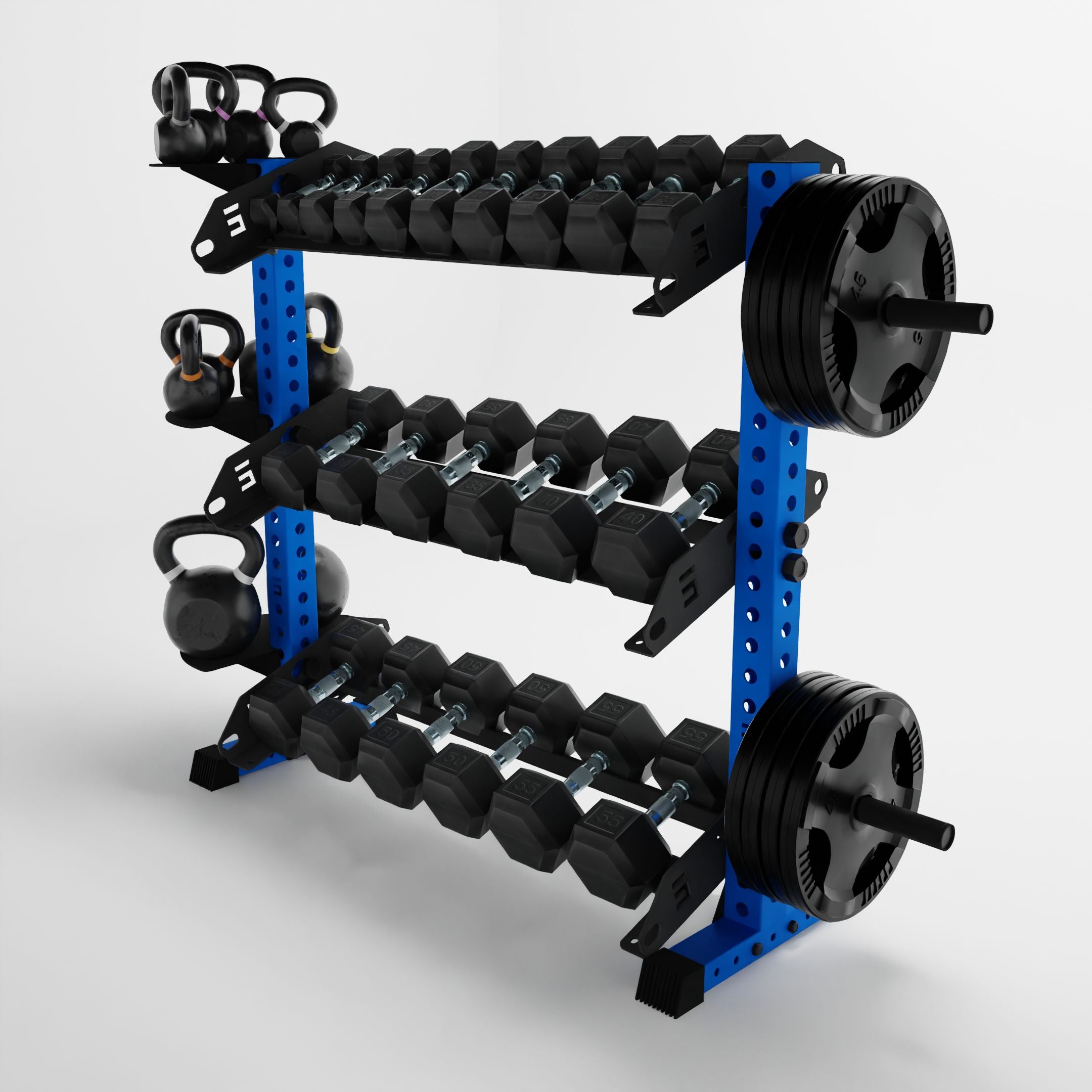 blue 43-inch alpha 3-tier horizontal dumbbell rack storing dumbbells, weight plates, and kettlebell using storage attachment accessories