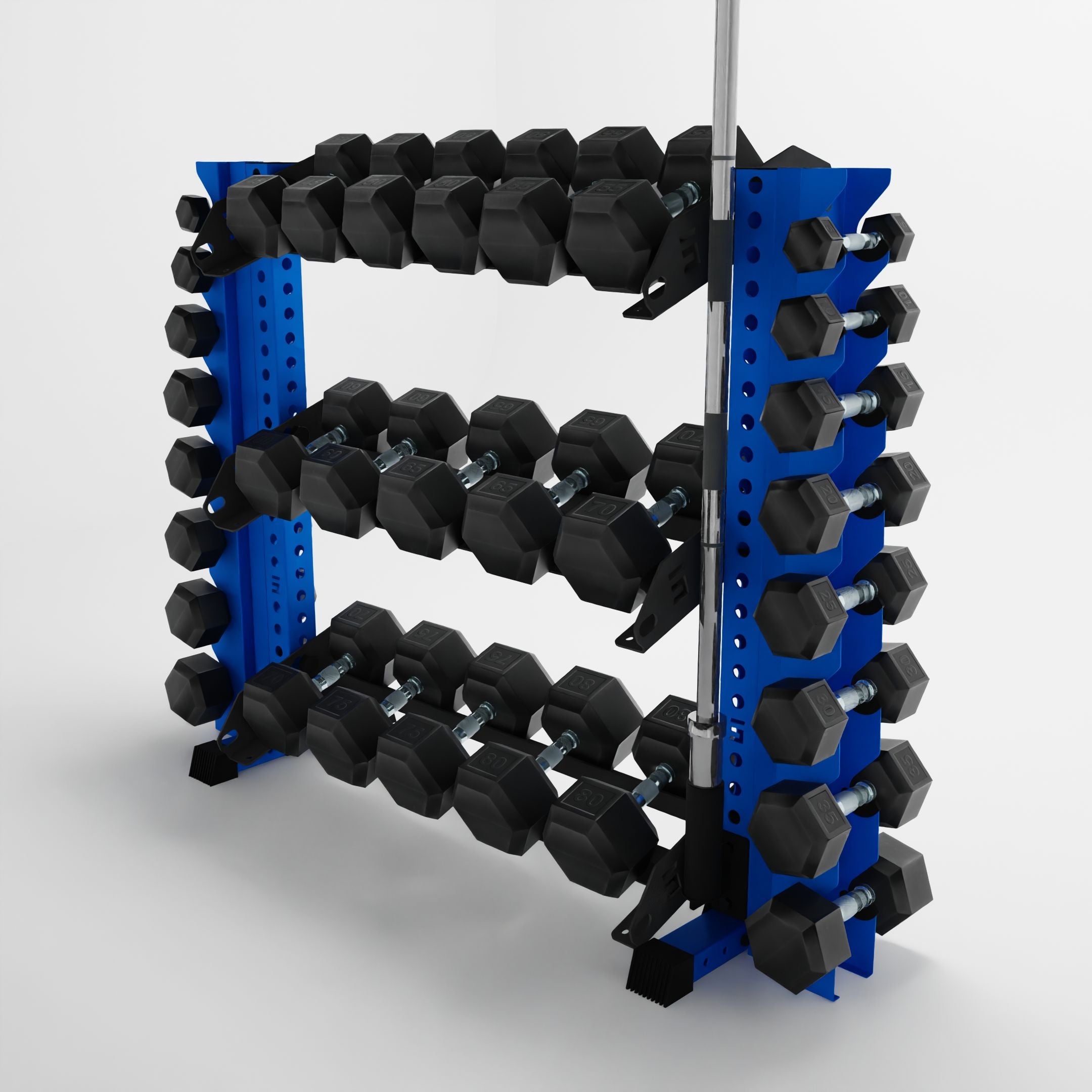 blue 43-inch alpha 3-tier horizontal dumbbell rack with vertical add-ons storing dumbbells and a barbell using a storage attachment accessory