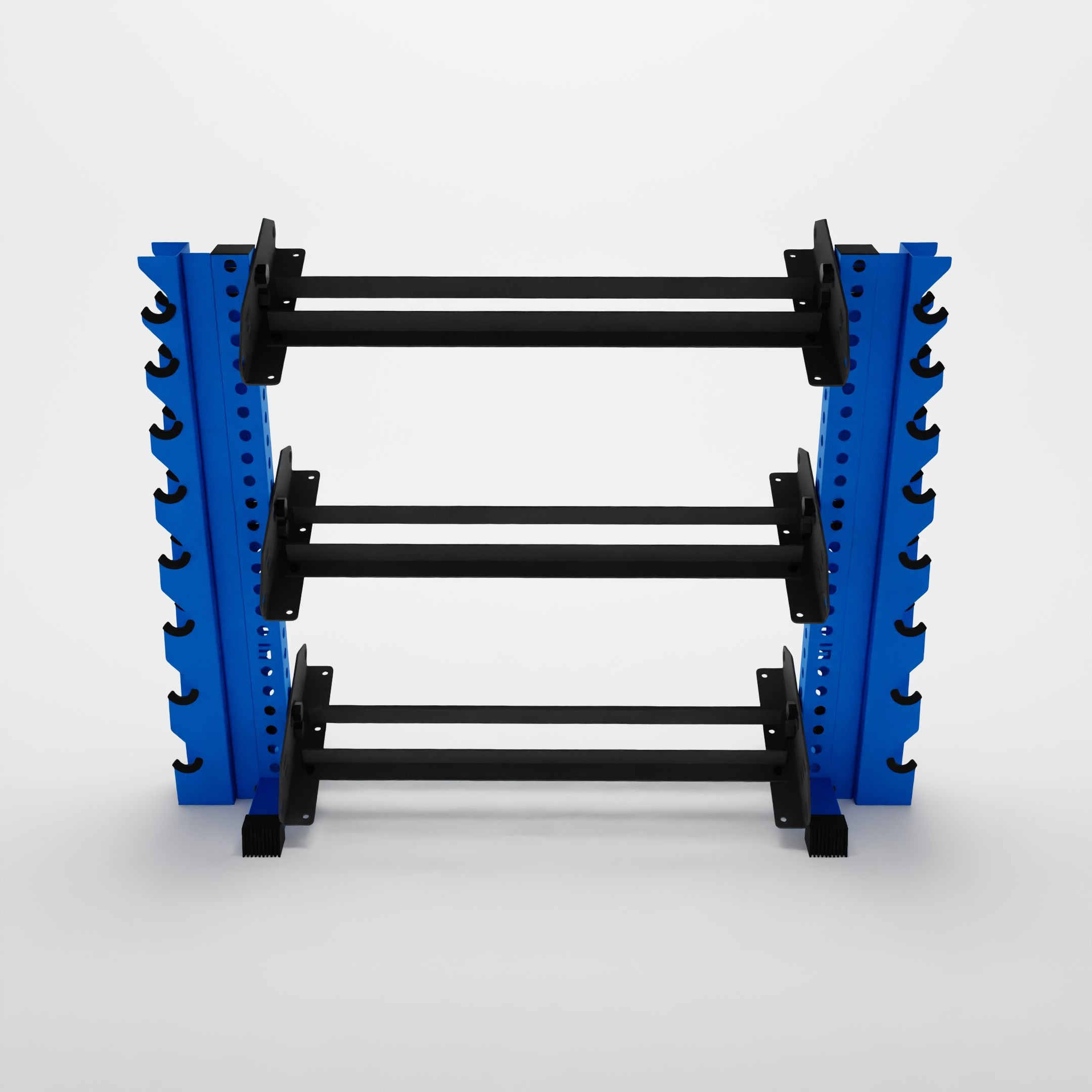 blue 43-inch alpha 3-tier horizontal dumbbell rack with vertical add-ons