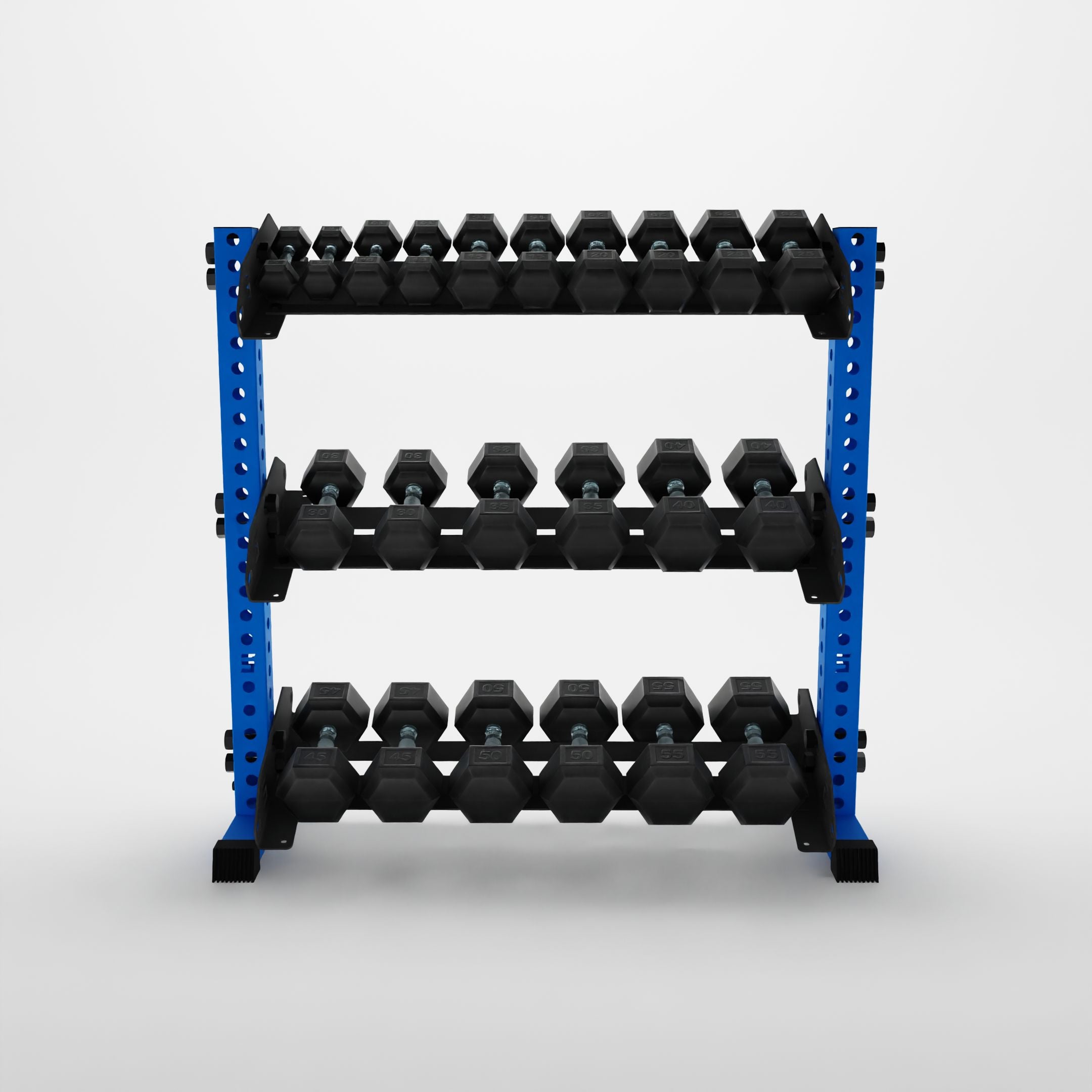 blue 43-inch alpha 3-tier horizontal dumbbell rack storing hex dumbbells