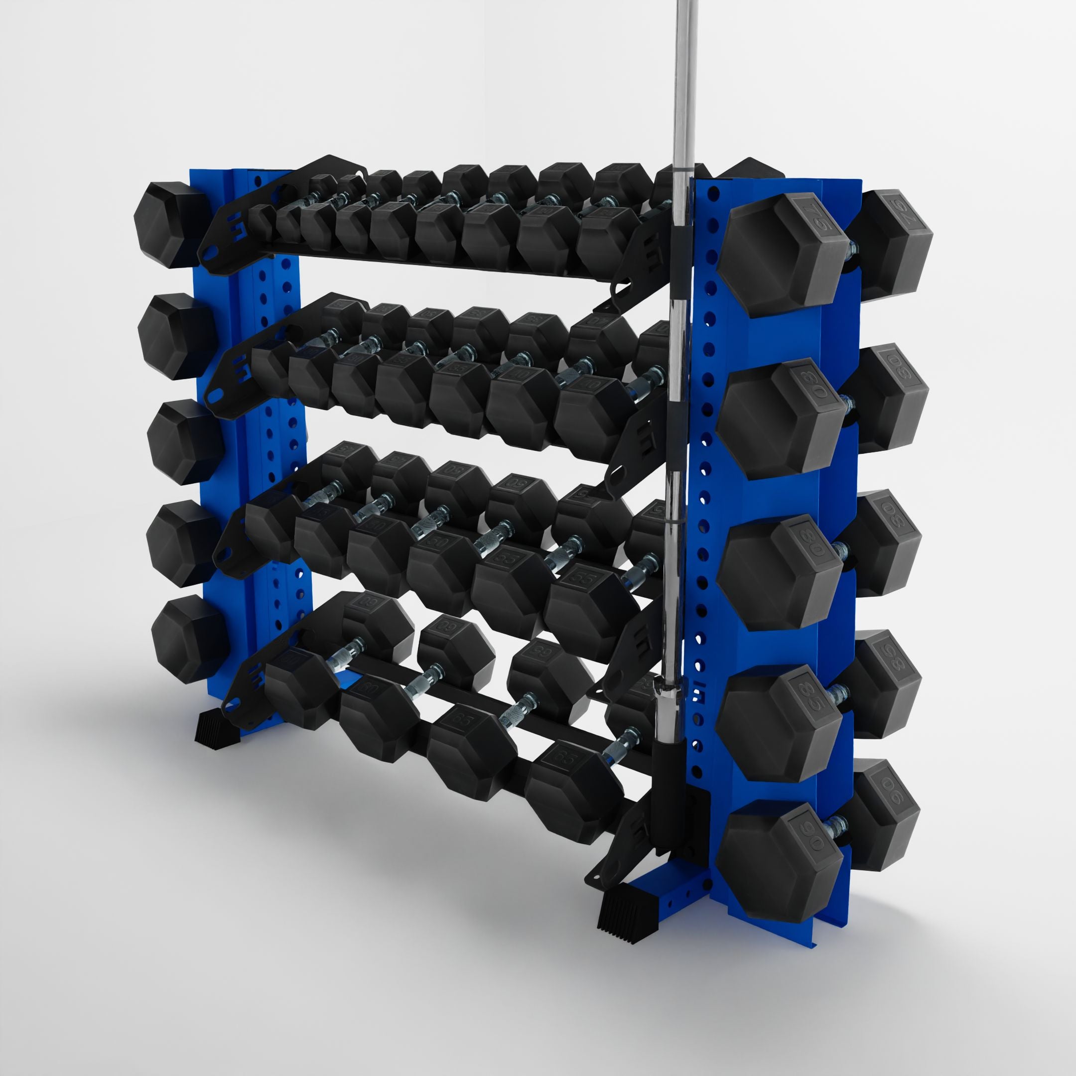 blue 43-inch alpha 4-tier horizontal dumbbell rack with elite vertical add-ons storing hex dumbbells and a barbell using a storage attachment accessory