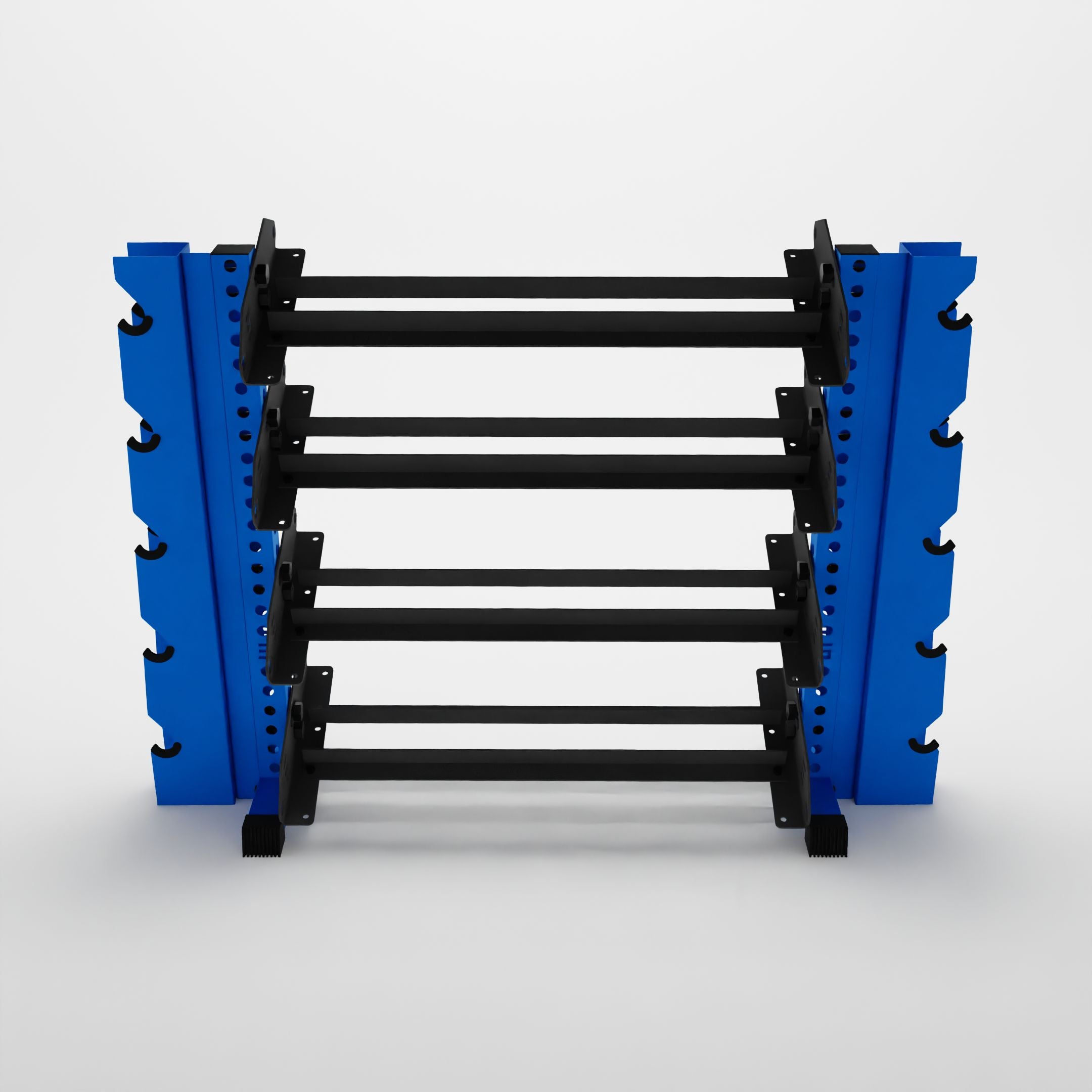 blue 43-inch alpha 4-tier horizontal dumbbell rack with elite vertical add-ons