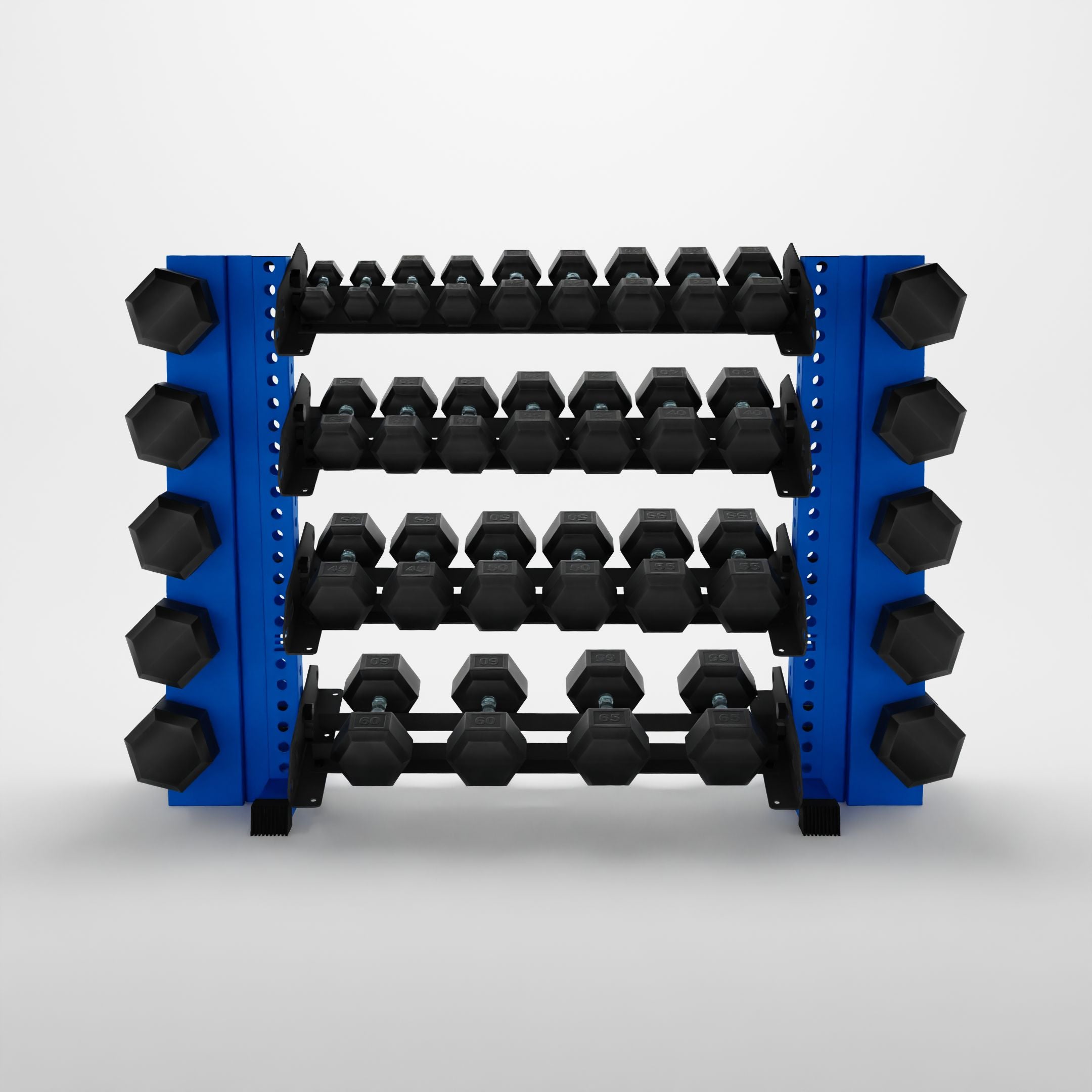 blue 43-inch alpha 4-tier horizontal dumbbell rack with elite vertical add-ons storing hex dumbbells