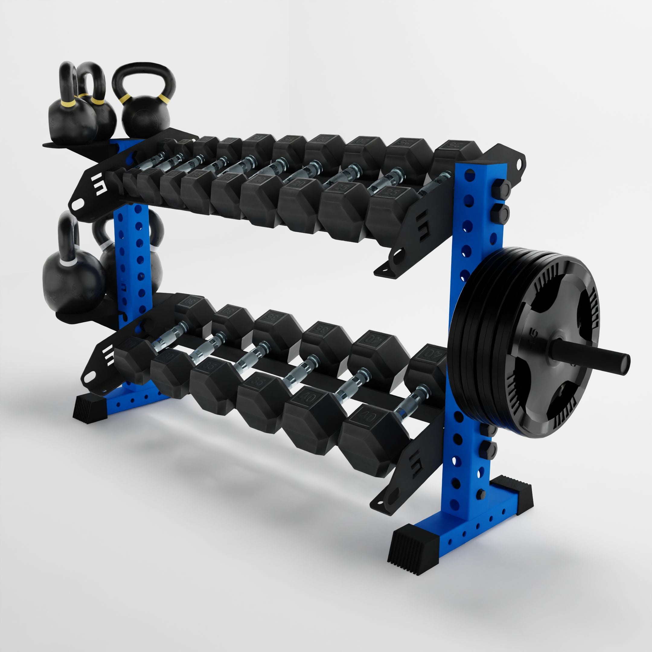 blue 43-inch bravo 2-tier horizontal dumbbell rack storing dumbbells, weight plates, and kettlebells using storage attachment accessories