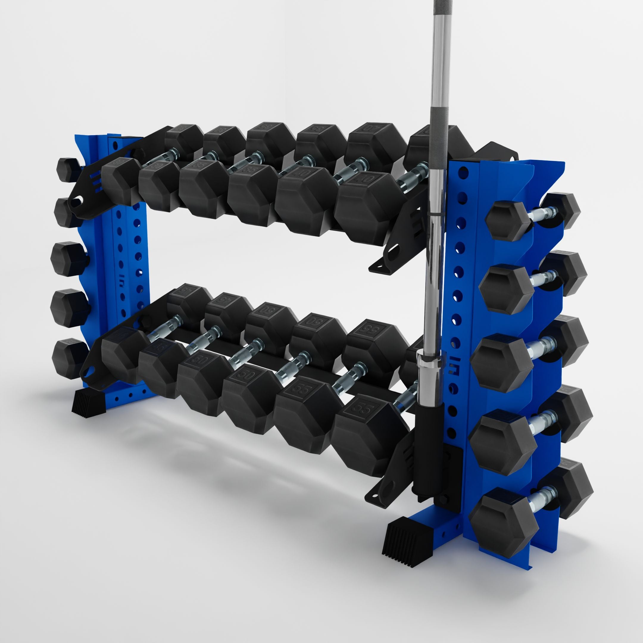 blue 43-inch bravo 2-tier horizontal dumbbell rack with vertical add-ons storing dumbbells and a barbell using a storage attachment accessory