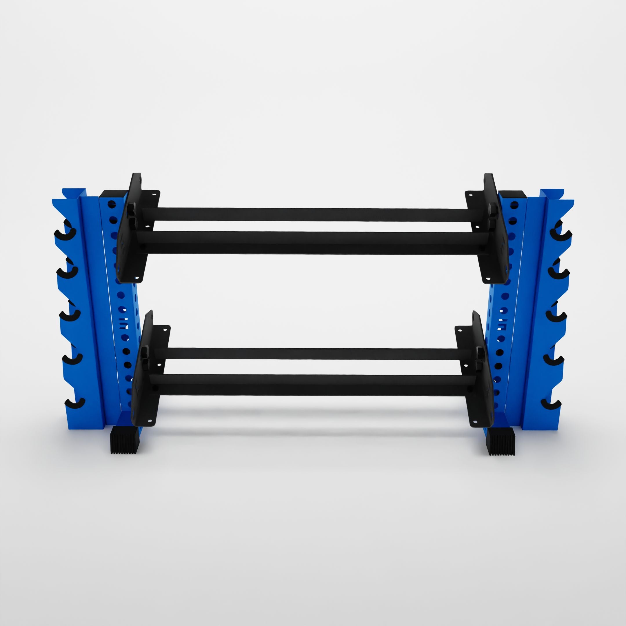 blue 43-inch bravo 2-tier horizontal dumbbell rack with vertical add-ons