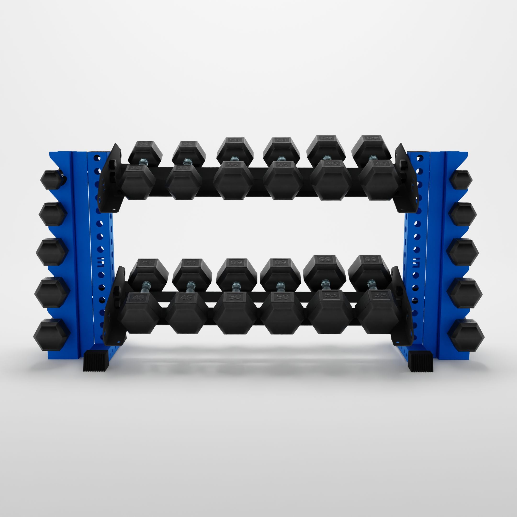 blue 43-inch bravo 2-tier horizontal dumbbell rack vertical add-ons storing hex dumbbells