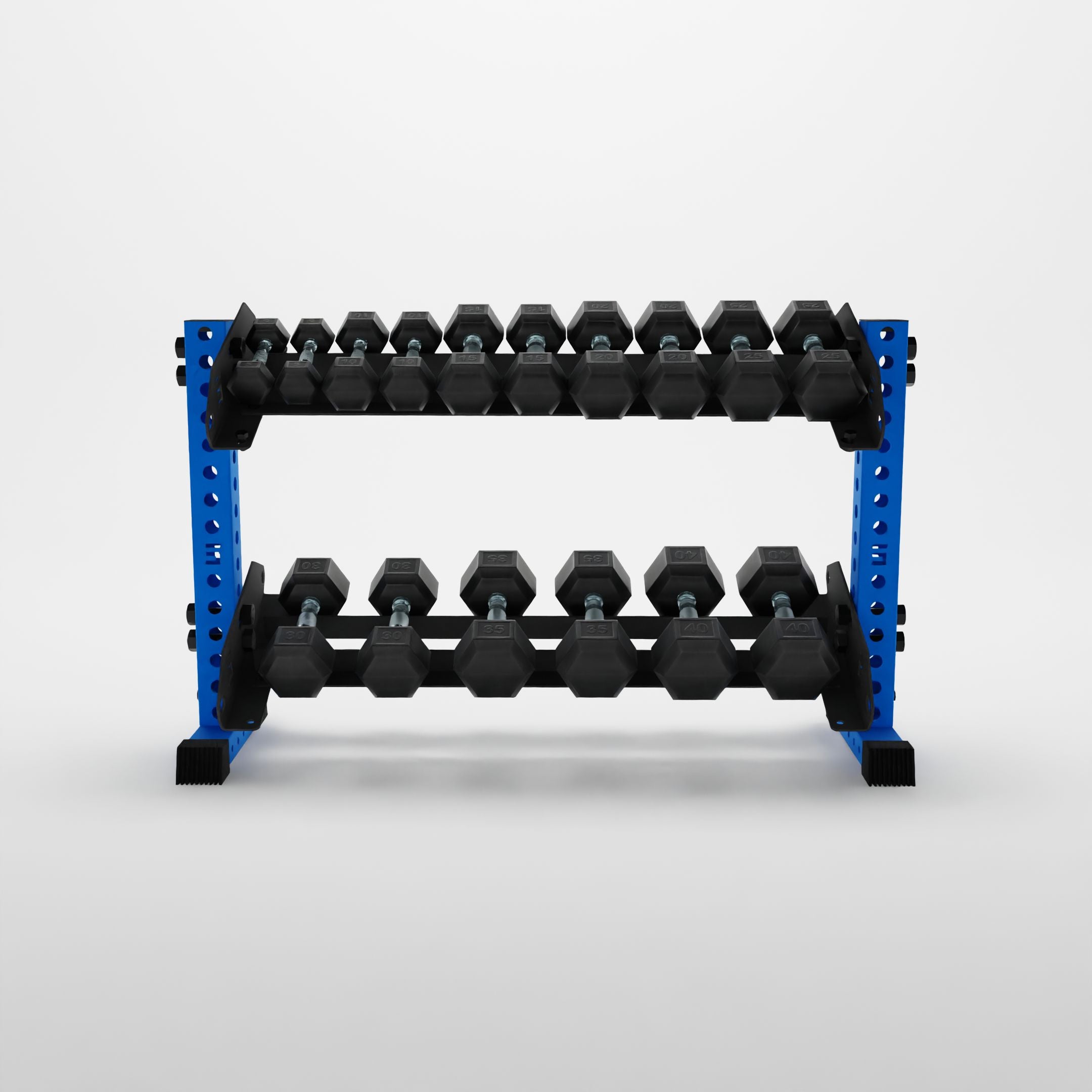 blue 43-inch bravo 2-tier horizontal dumbbell rack storing hex dumbbells