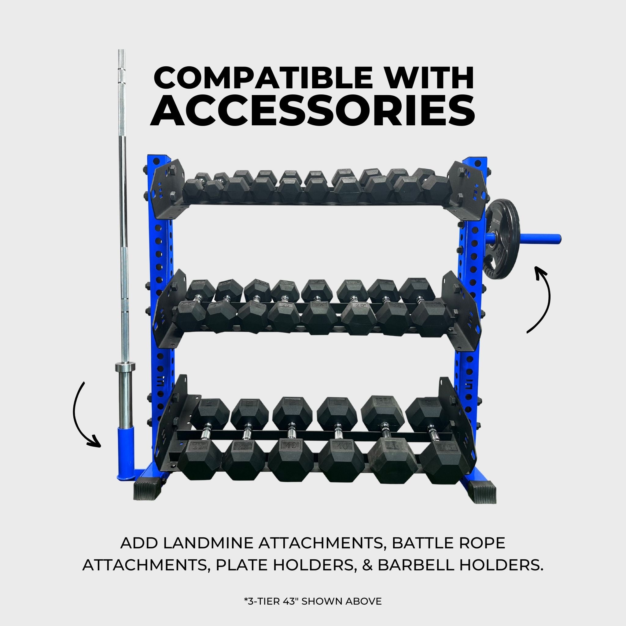 blue 3-tier horizontal dumbbell rack holding hex dumbbells, a barbell in a barbell holder attachment accessory, and a weight plate on a weight plate holder attachment accessory with text reading "compatible with accessories: add landmine attachments, battle rope attachments, plate holders, and barbell holders"