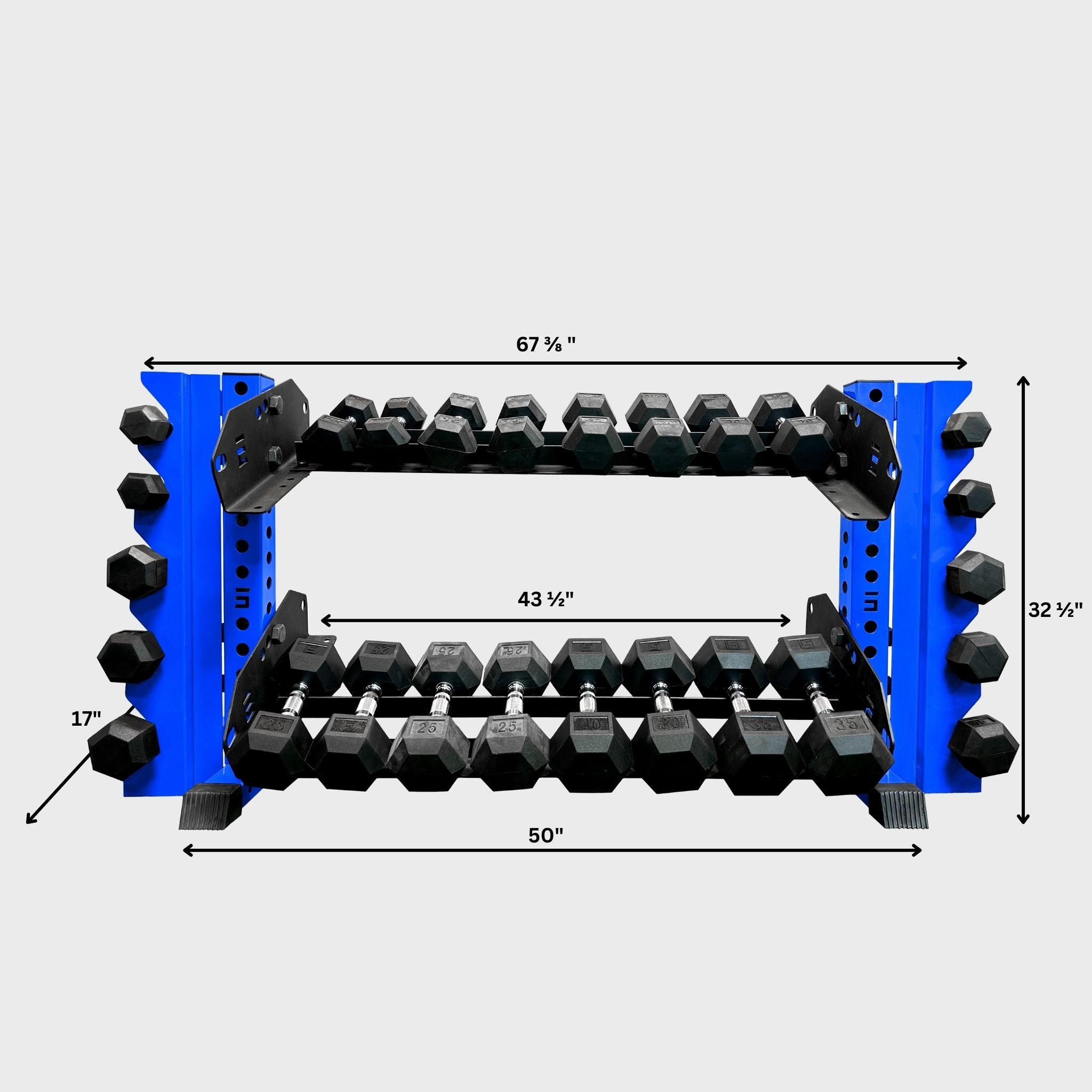 blue 43-inch bravo 2-tier horizontal dumbbell storage rack loaded with hex dumbbells and its product dimensions