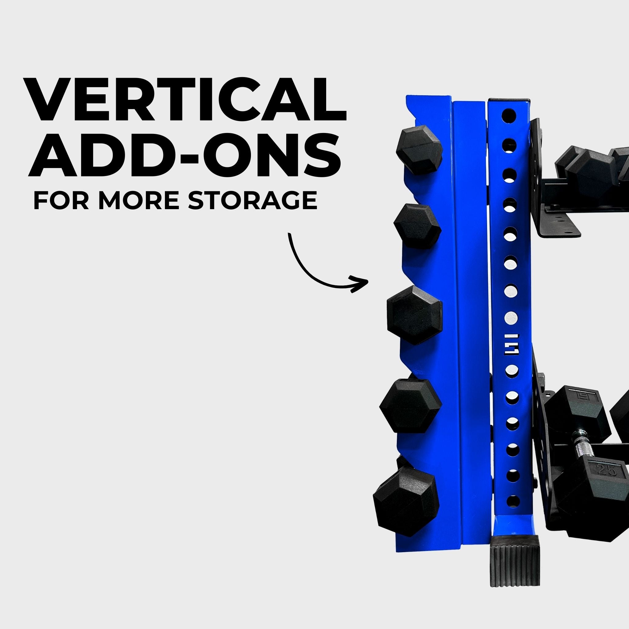 blue 43-inch bravo 2-tier horizontal dumbbell storage rack holding hex dumbbells with a vertical add-on and text reading "vertical add-ons for more storage"