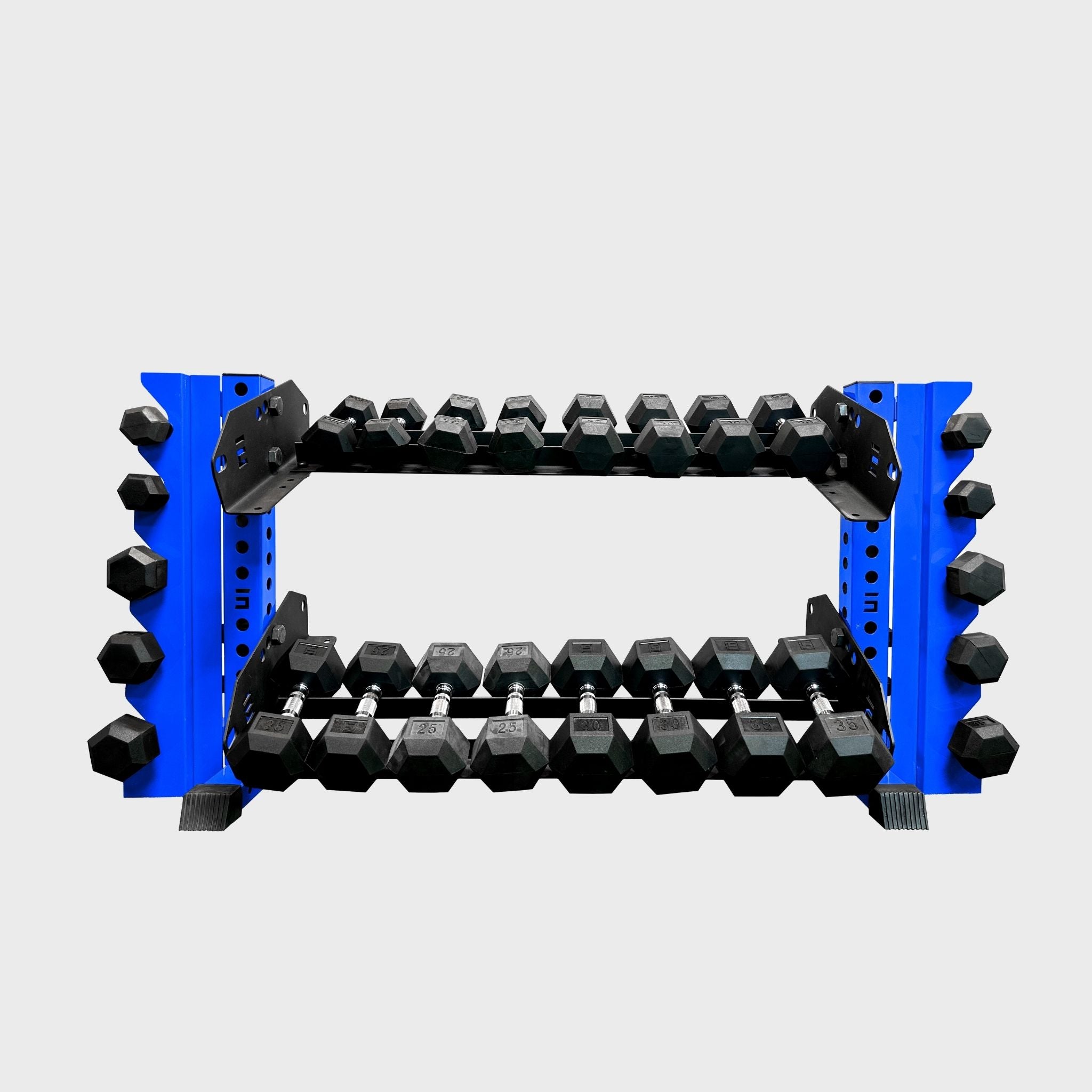 blue 43-inch bravo 2-tier horizontal dumbbell storage rack loaded with hex dumbbells