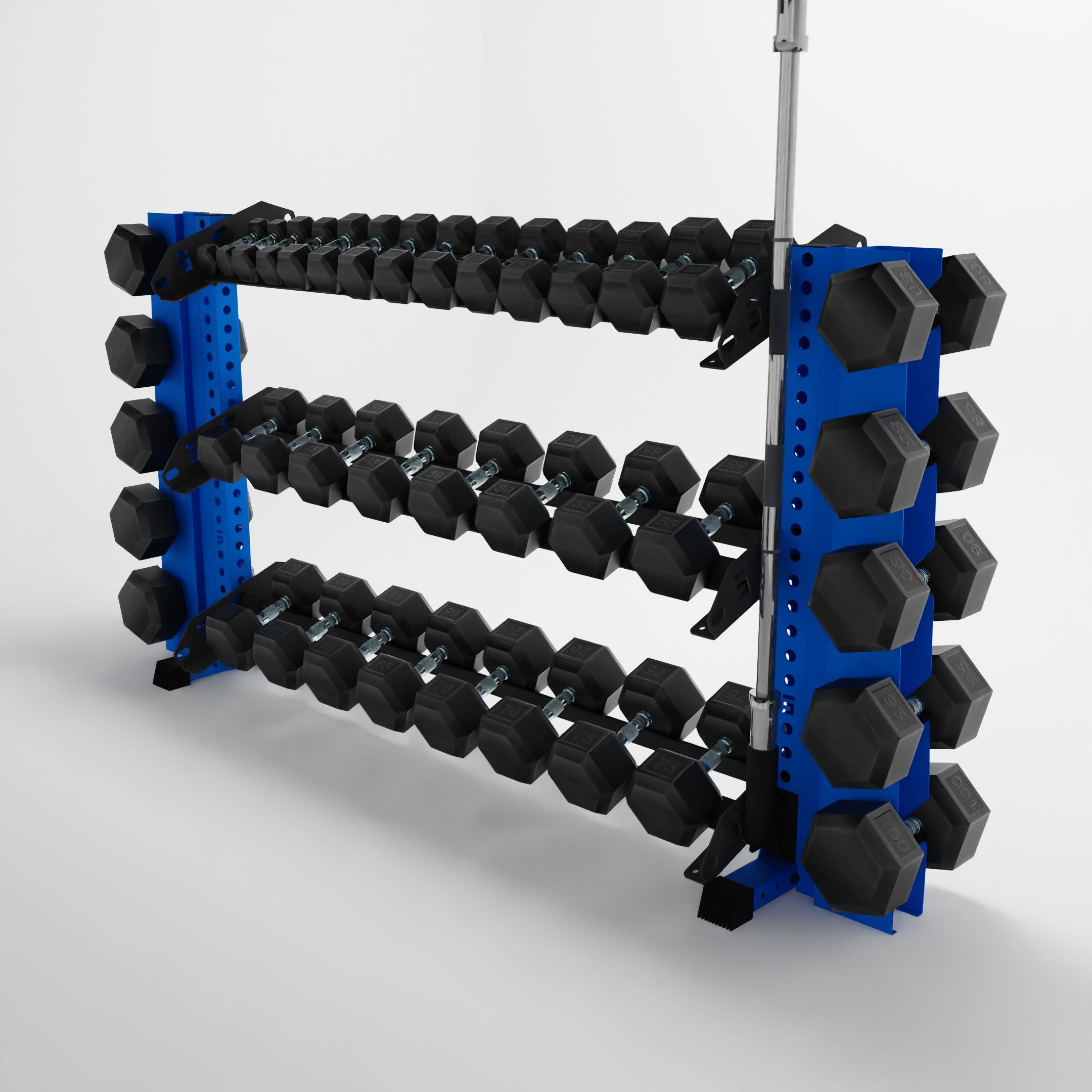 blue 70-inch alpha 3-tier horizontal dumbbell rack with elite vertical add-ons storing dumbbells and a barbell using a storage attachment accessory