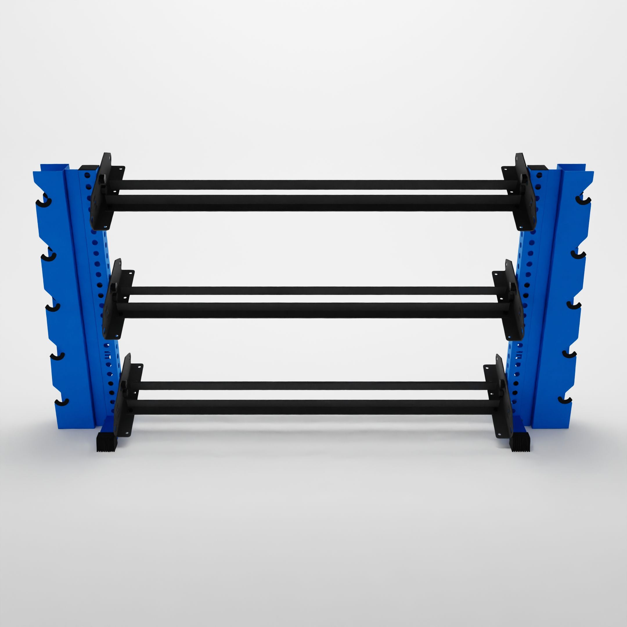 blue 70-inch alpha 3-tier horizontal dumbbell rack with elite vertical add-ons