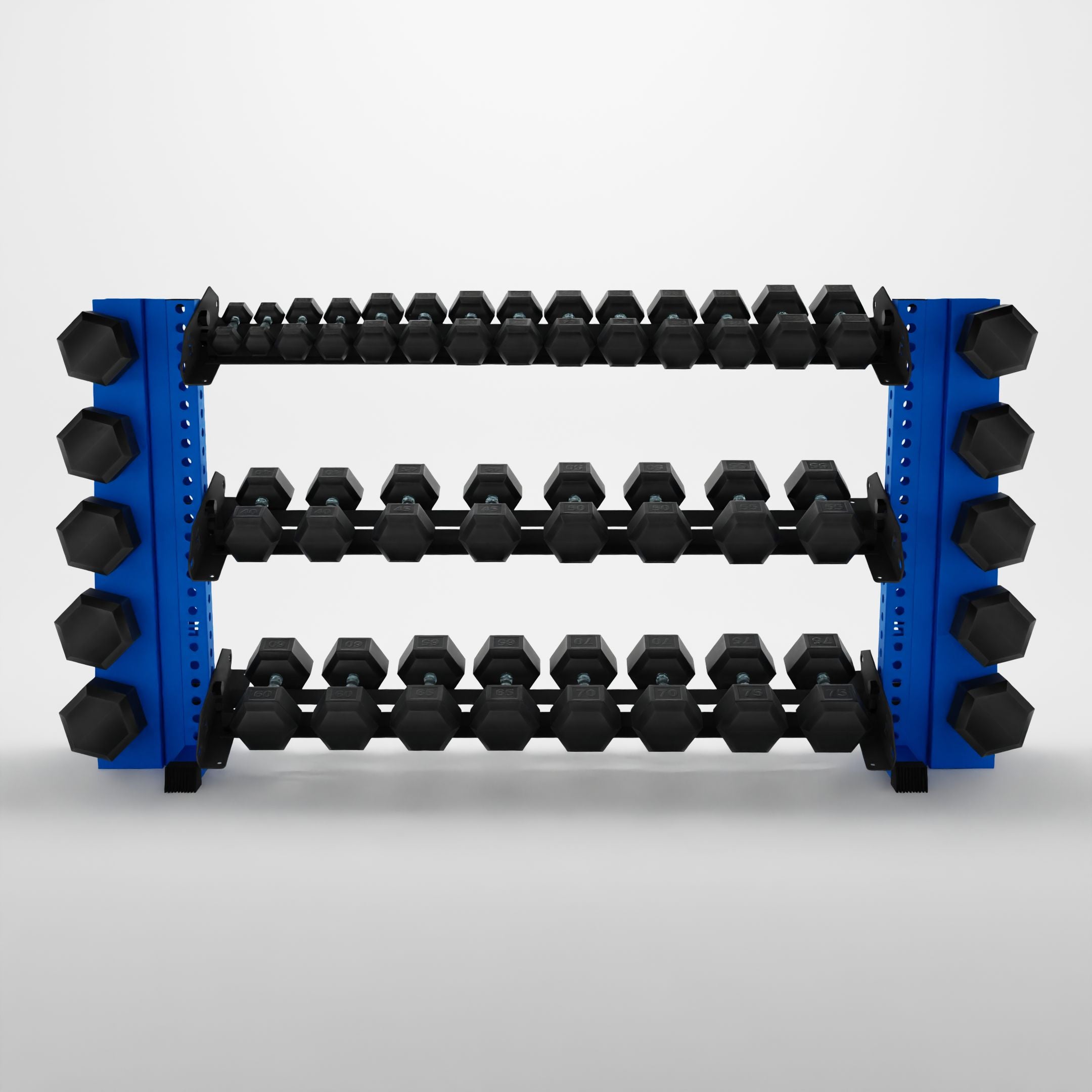 blue 70-inch alpha 3-tier horizontal dumbbell rack with elite vertical add-ons storing hex dumbbells