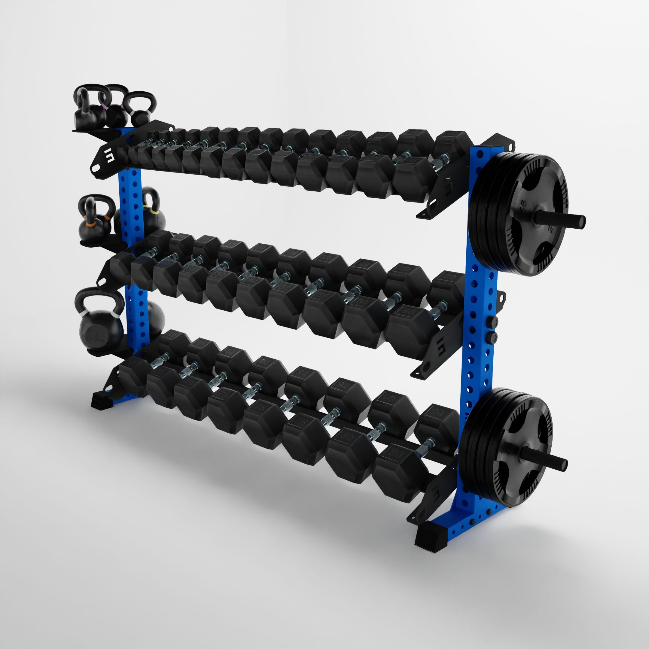 blue 70-inch alpha 3-tier horizontal dumbbell rack storing dumbbells, weight plates, and kettlebells using storage attachment accessories