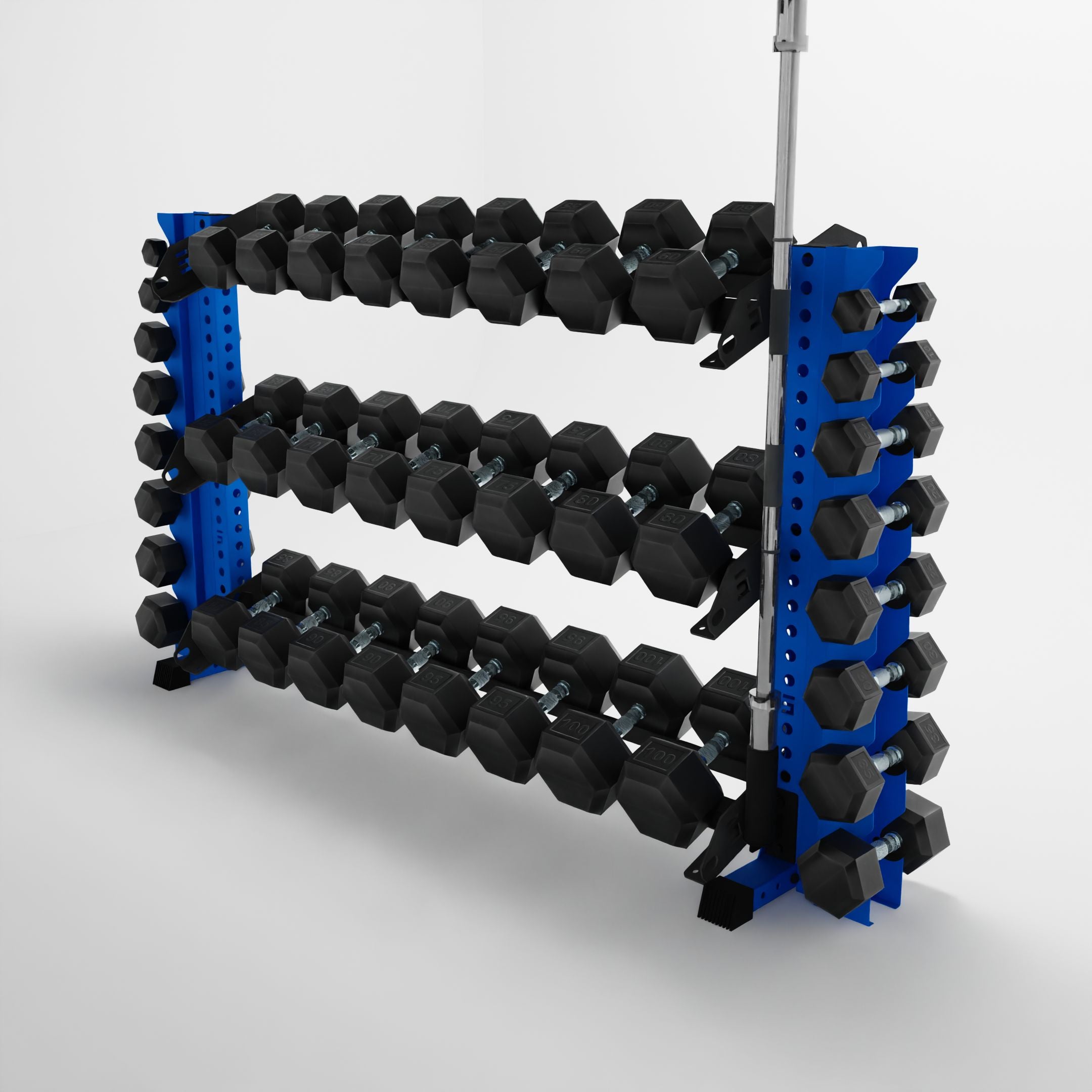 blue 70-inch alpha 3-tier horizontal dumbbell rack with vertical add-ons storing hex dumbbells and a barbell using a storage attachment accessory