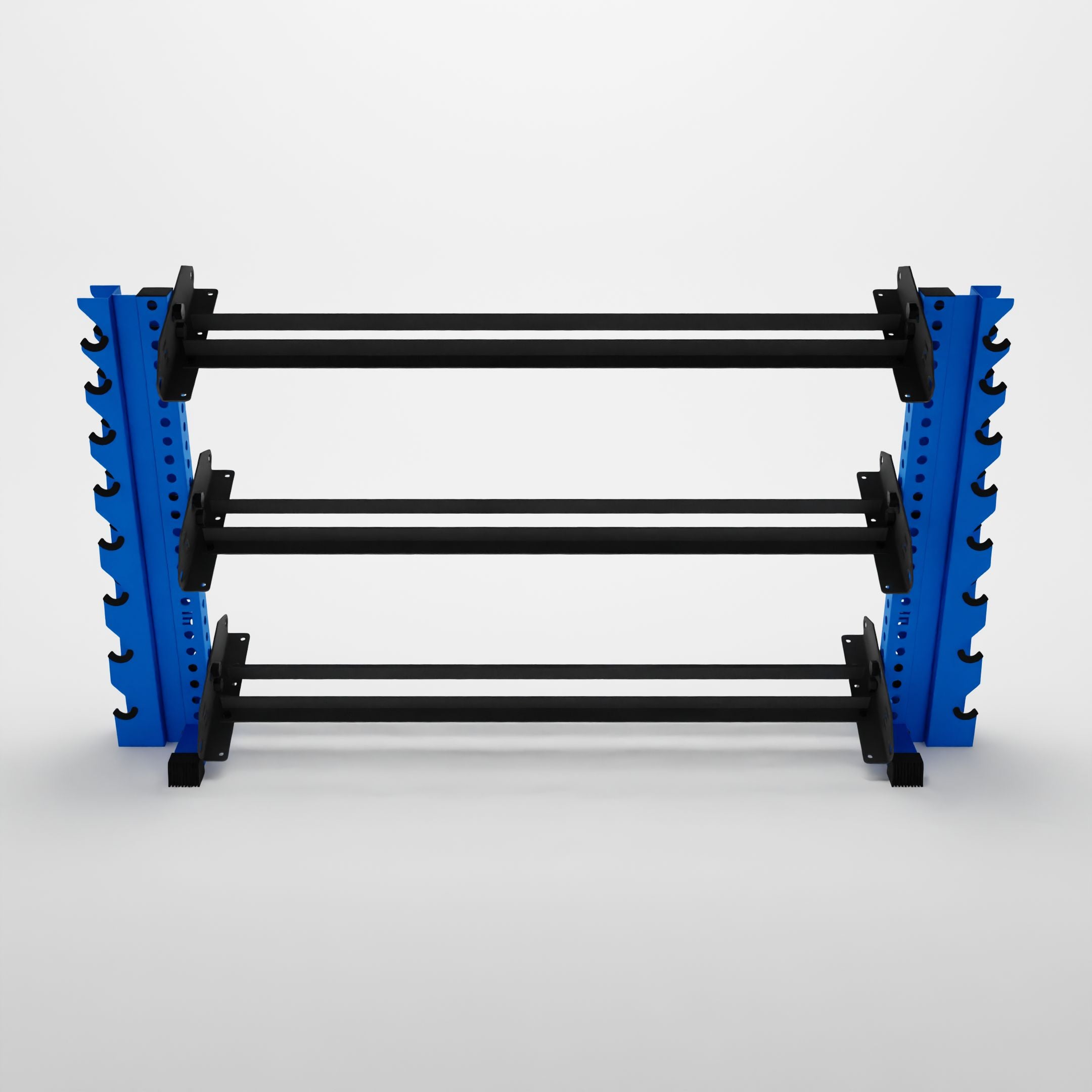 blue 70-inch alpha 3-tier horizontal dumbbell rack with vertical add-ons