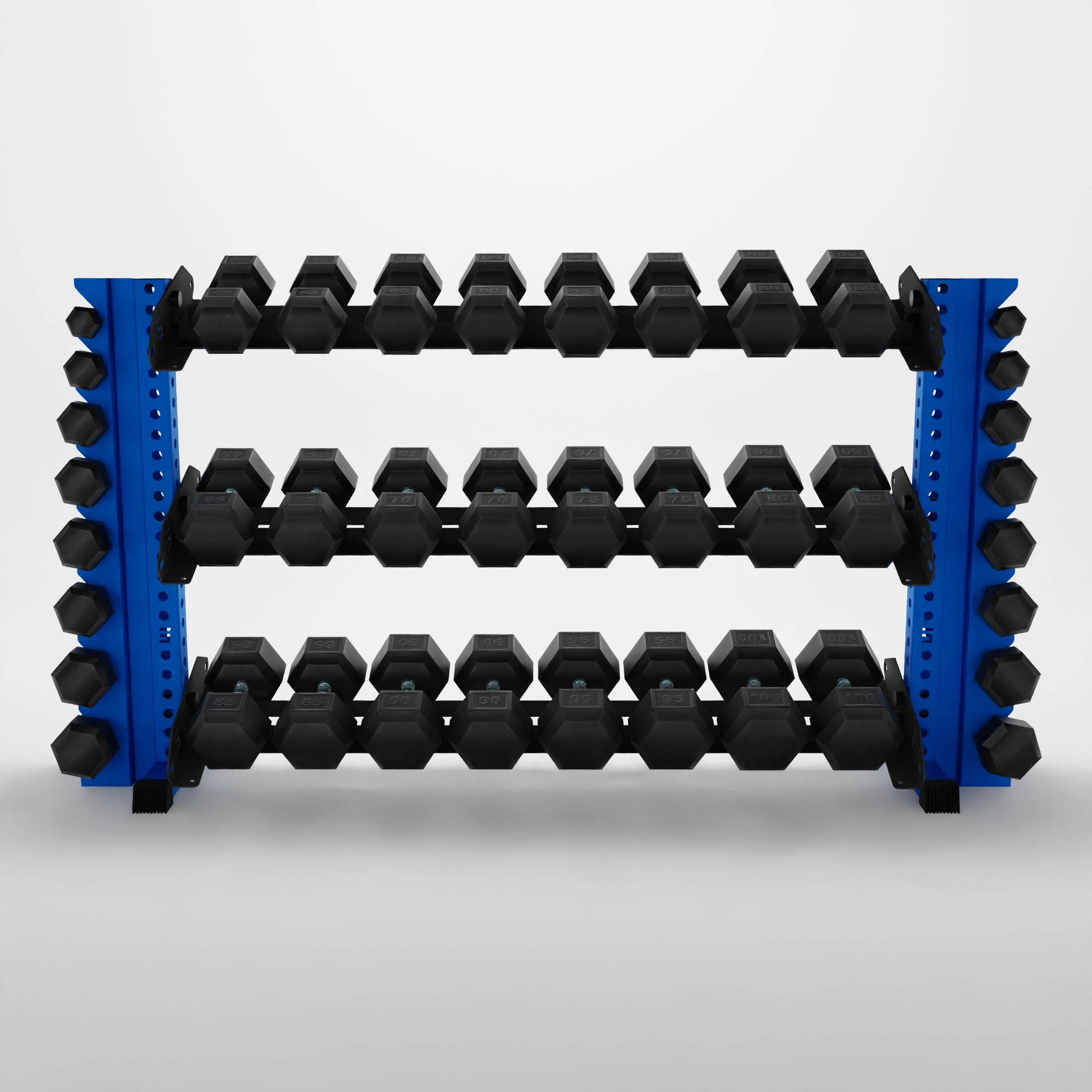 blue 70-inch alpha 3-tier horizontal dumbbell with vertical add-ons storing hex dumbbells