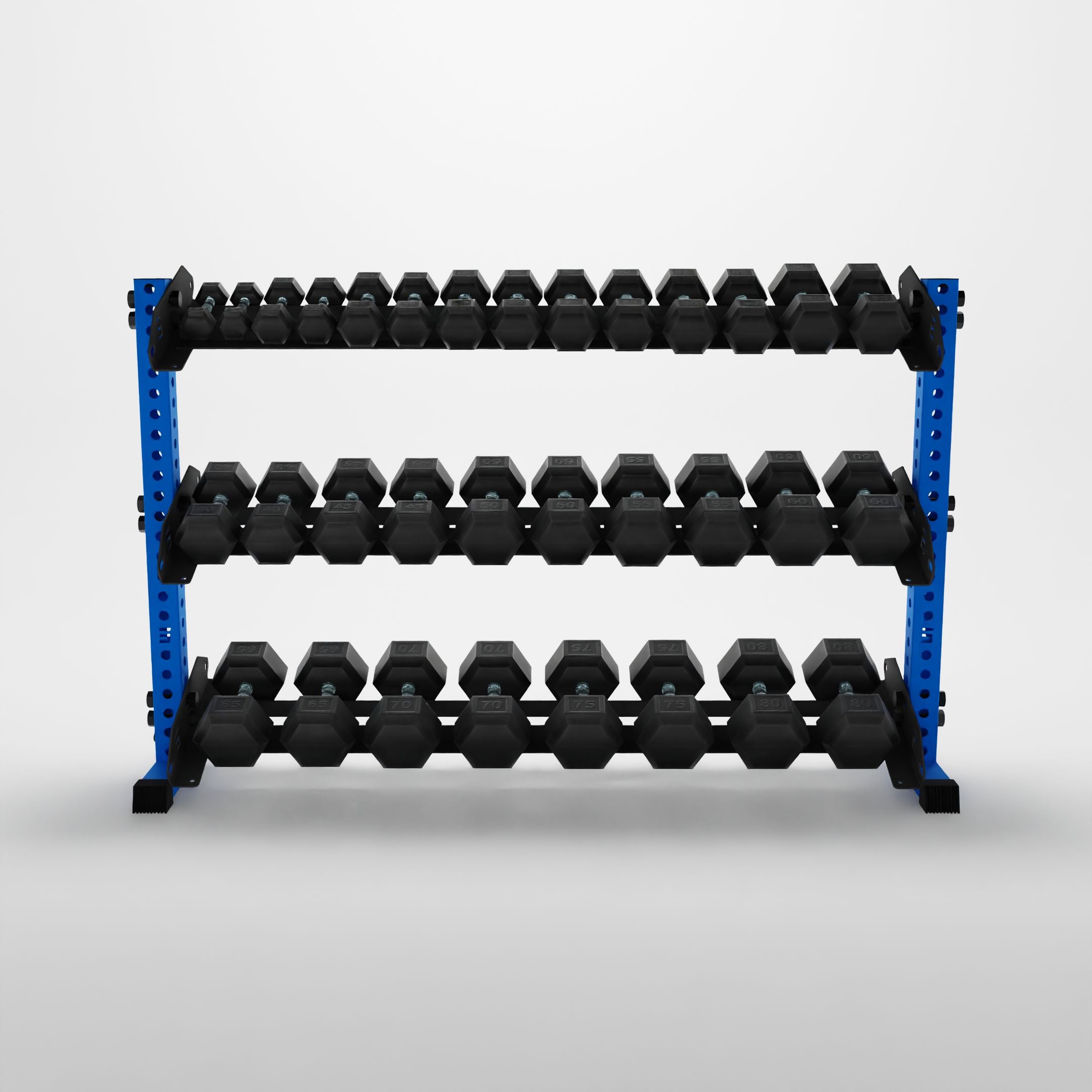 blue 70-inch alpha 3-tier horizontal dumbbell rack storing hex dumbbells