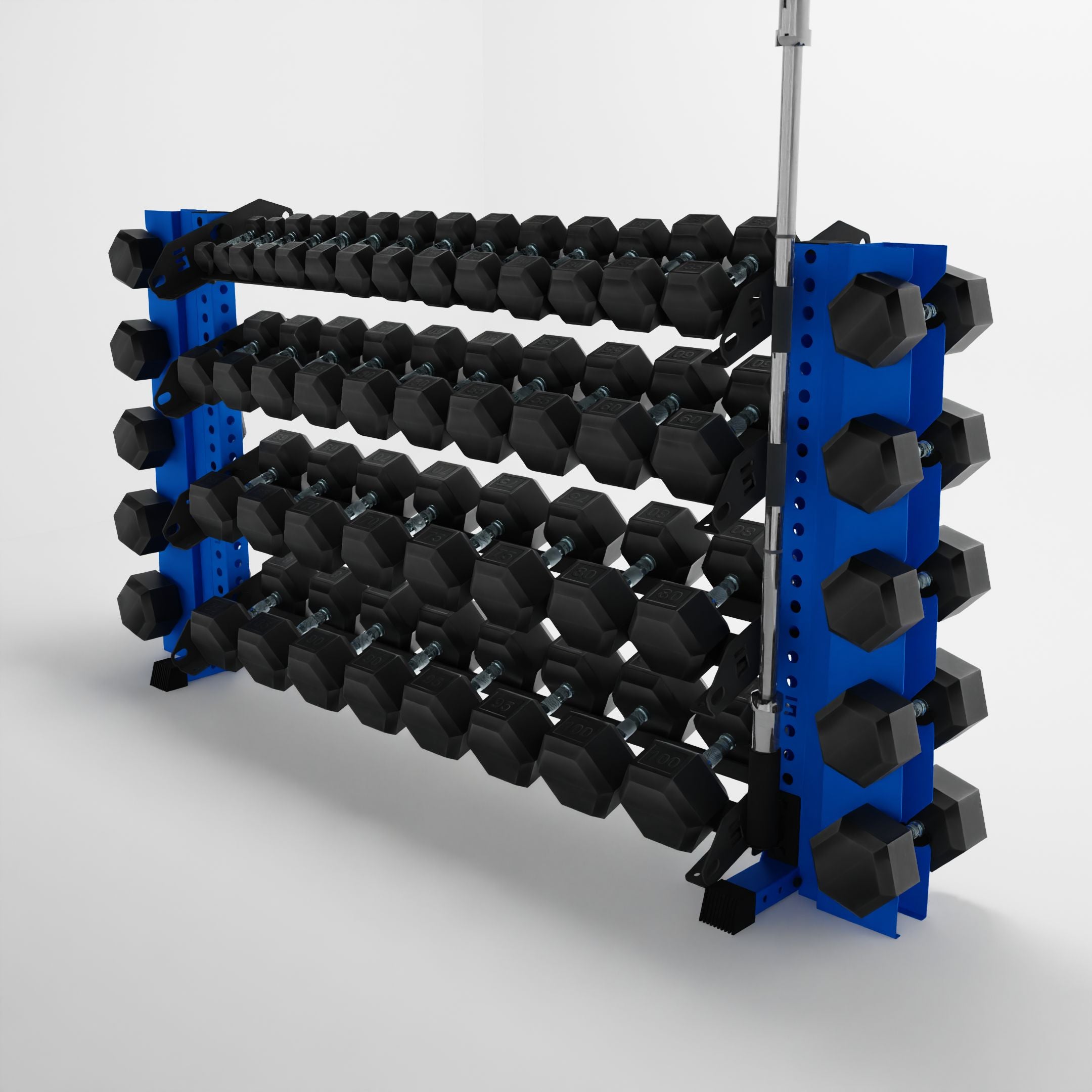 blue 70-inch alpha 4-tier horizontal dumbbell rack with elite vertical add-ons storing hex dumbbells and a barbell using a storage attachment accessory