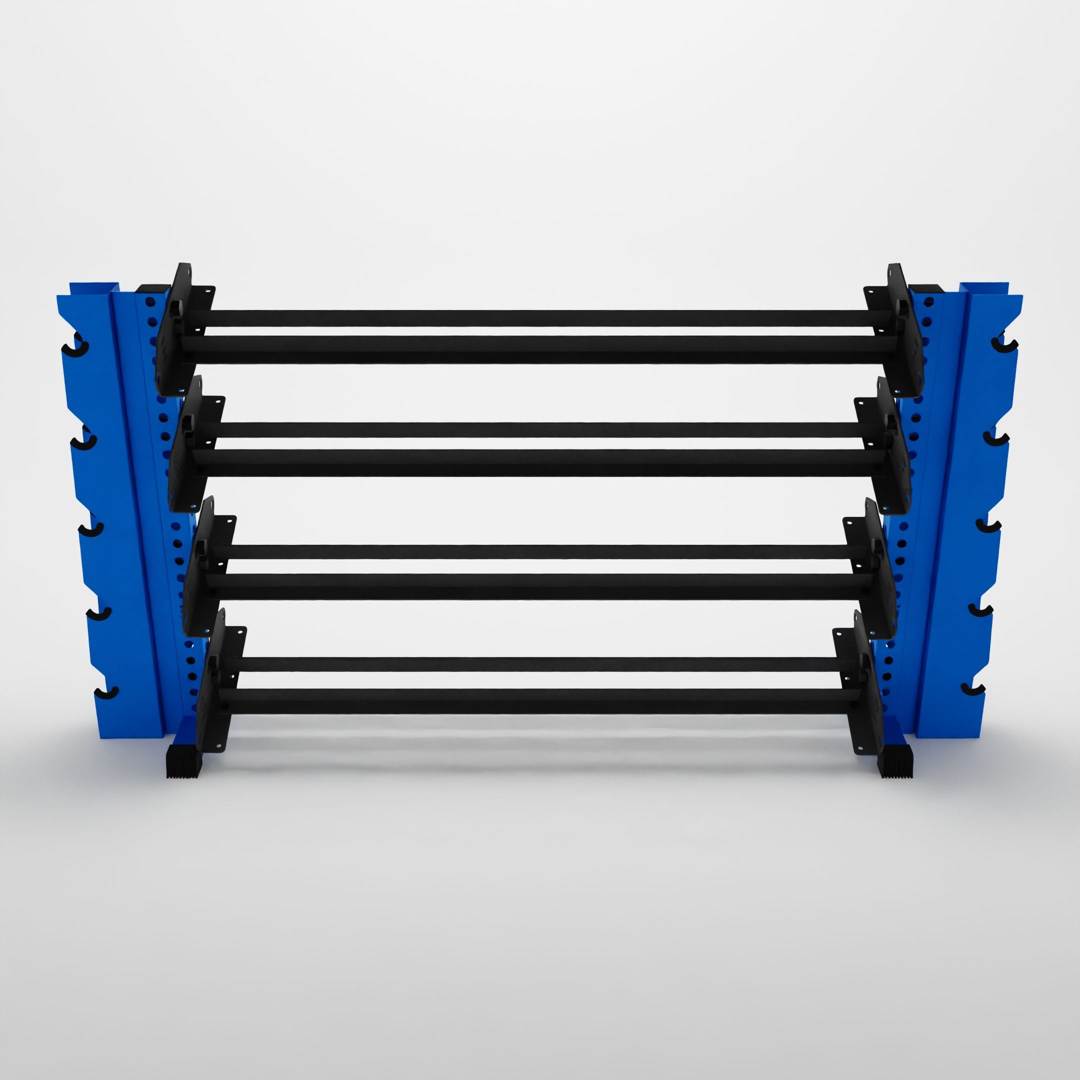 blue 70-inch alpha 4-tier horizontal dumbbell rack with elite vertical add-ons