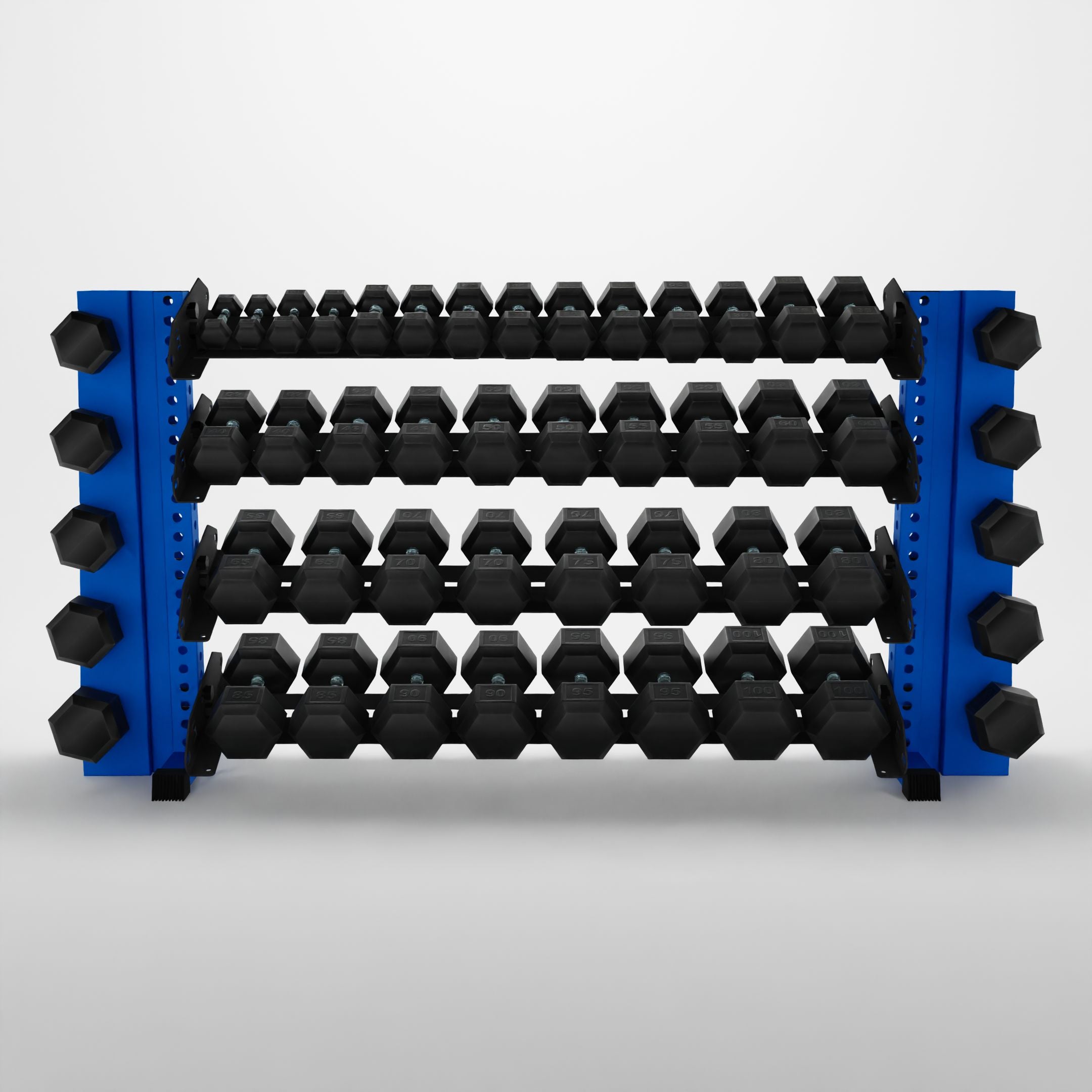 blue 70-inch alpha 4-tier horizontal dumbbell rack with elite vertical add-ons storing hex dumbbells