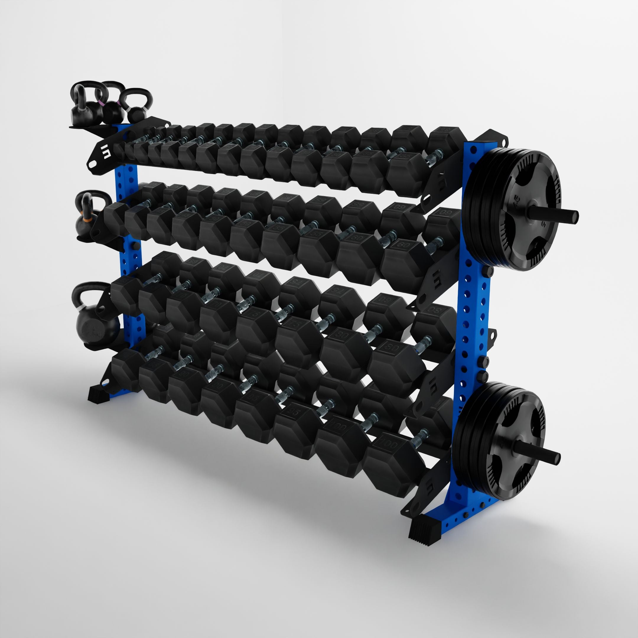 blue 70-inch alpha 4-tier horizontal dumbbell rack storing dumbbells, weight plates, and kettlebells using storage attachment accessories