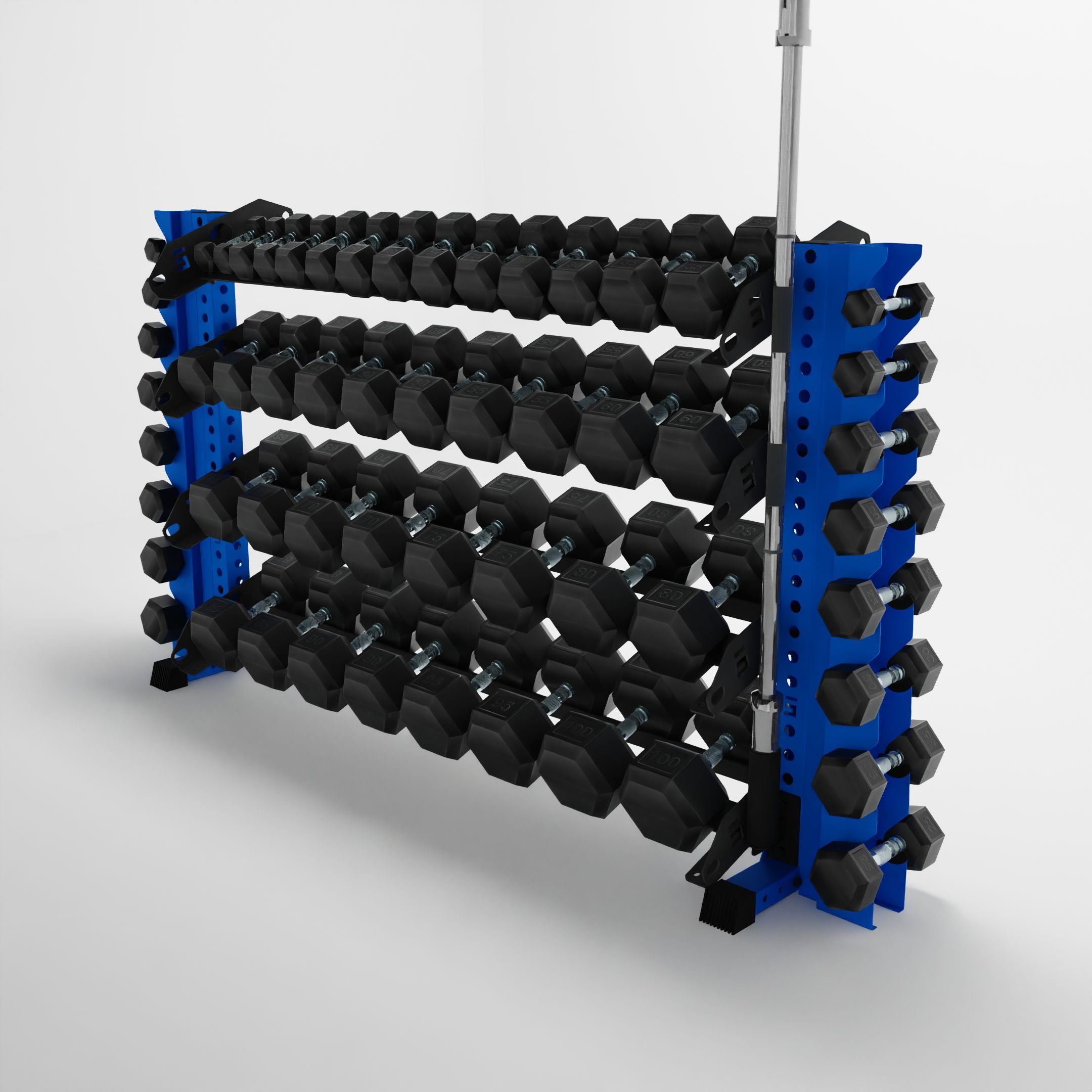 blue 70-inch alpha 4-tier horizontal dumbbell rack with vertical add-ons storing hex dumbbells and a barbell using a storage attachment accessory