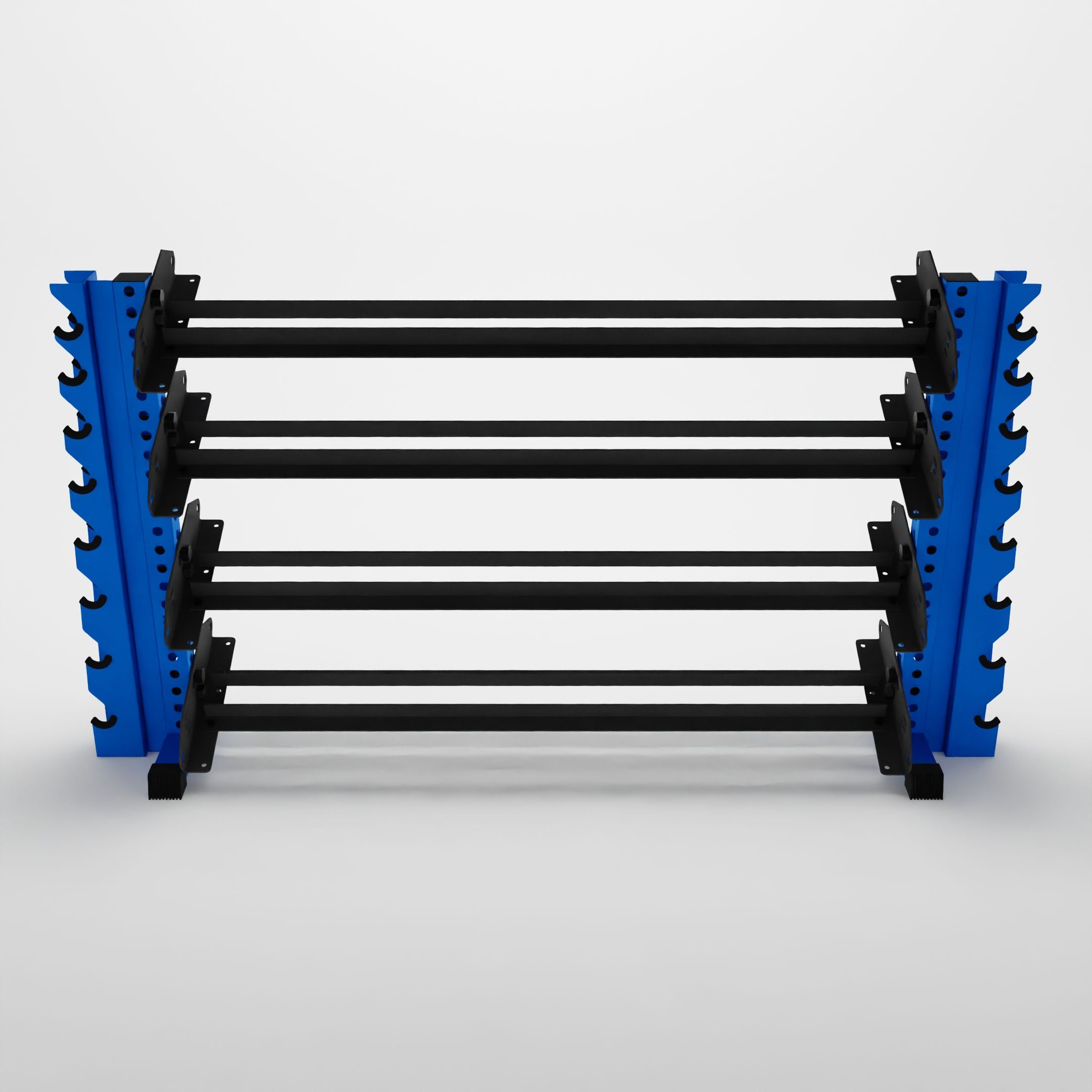 blue 70-inch alpha 4-tier horizontal dumbbell rack with vertical add-ons