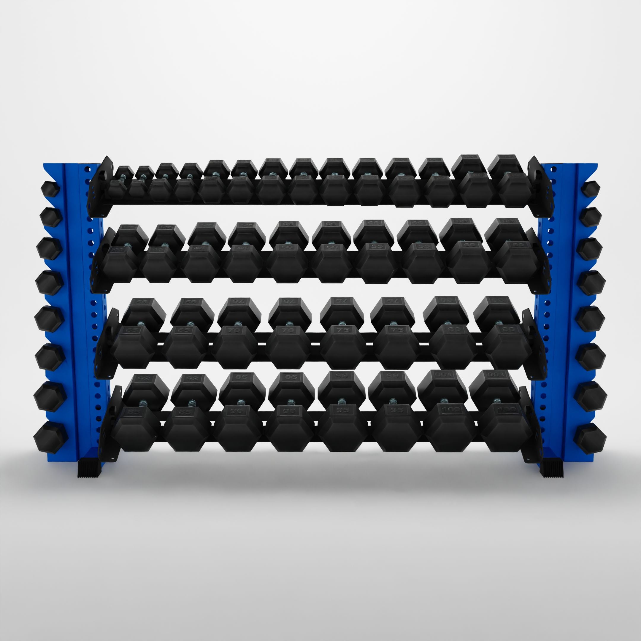 blue 70-inch alpha 4-tier horizontal dumbbell rack with vertical add-ons storing hex dumbbells