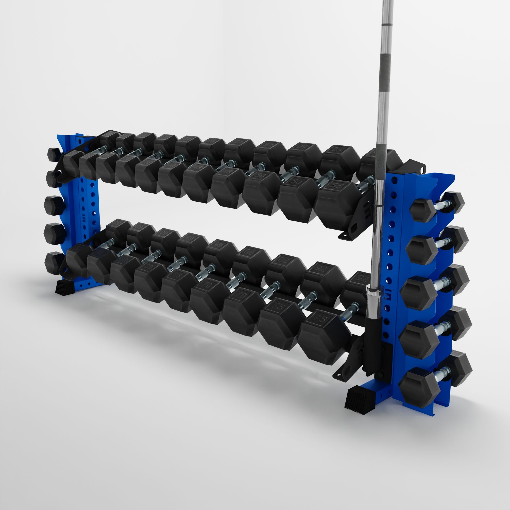 blue 70-inch bravo 2-tier horizontal dumbbell rack wither vertical add-ons storing hex dumbbells and a barbell using a storage attachment accessory