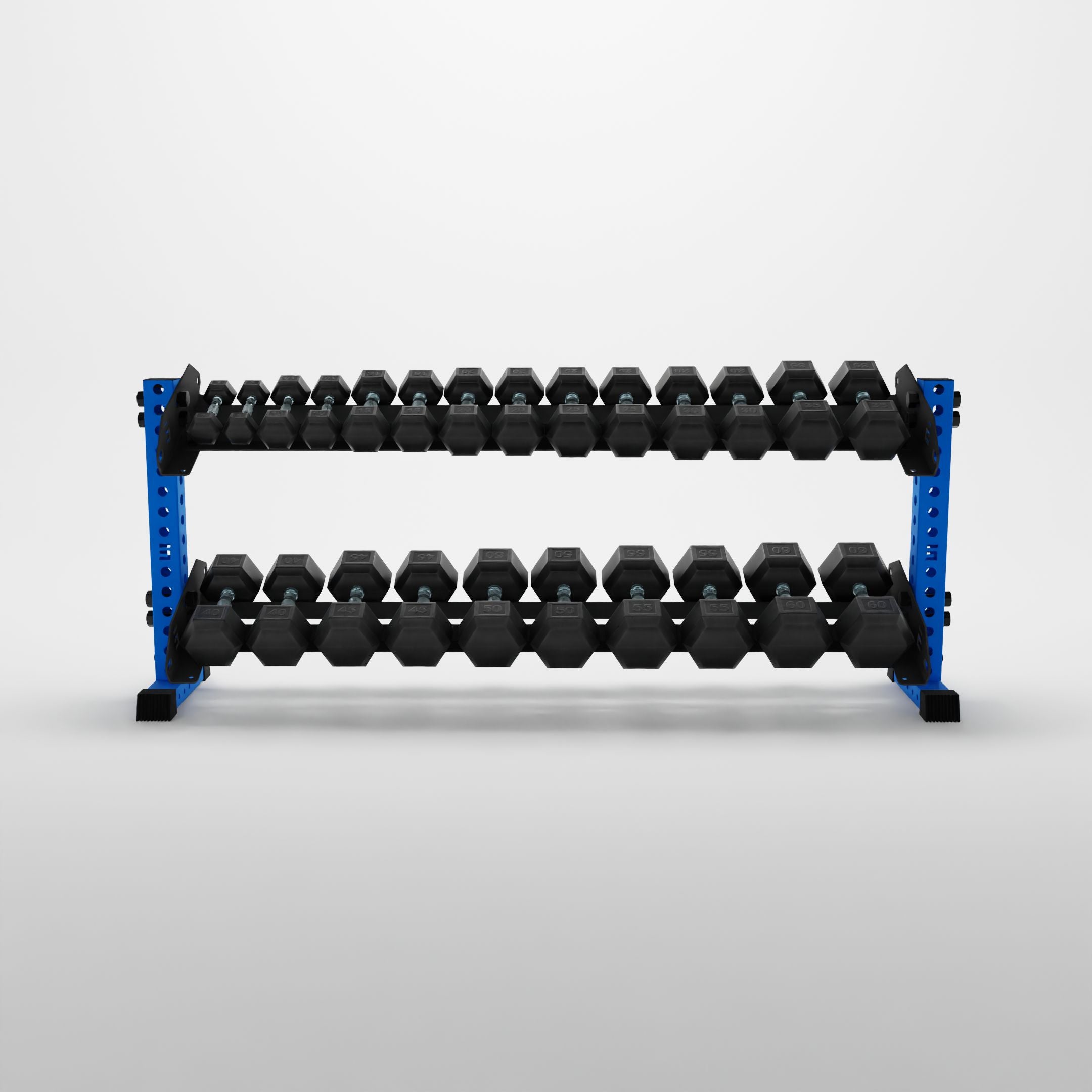 blue 70-inch bravo 2-tier horizontal dumbbell rack storing hex dumbbells