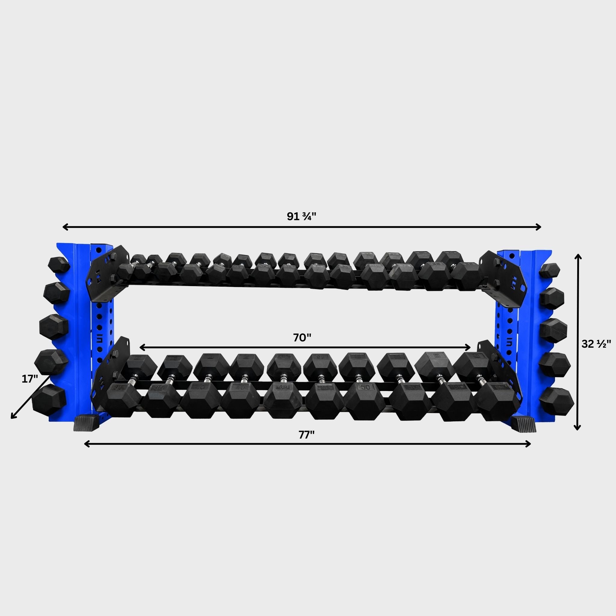 blue 70-inch bravo 2-tier horizontal dumbbell storage rack loaded with hex dumbbells and its product dimensions