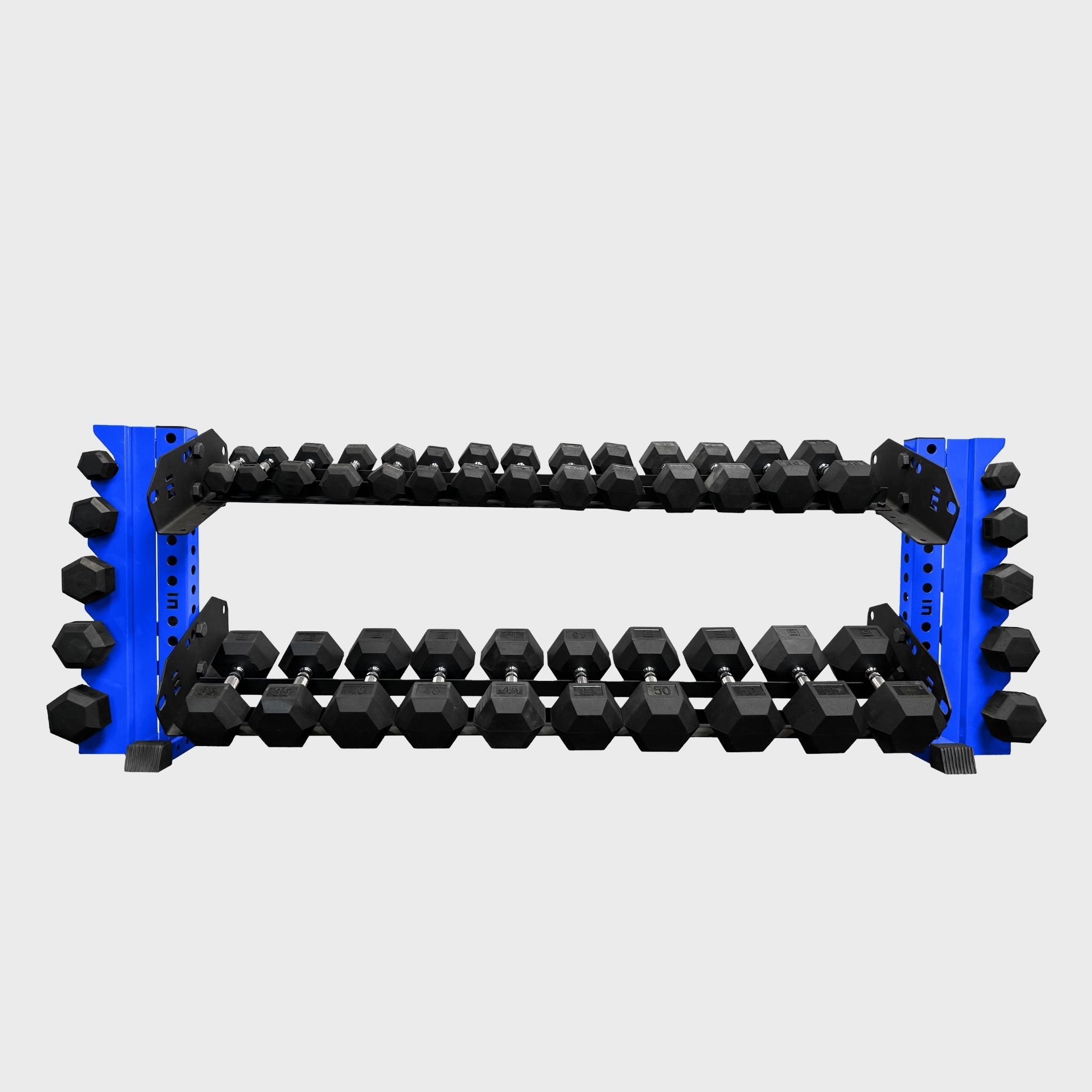 blue 70-inch bravo 2-tier horizontal dumbbell storage rack loaded with hex dumbbells