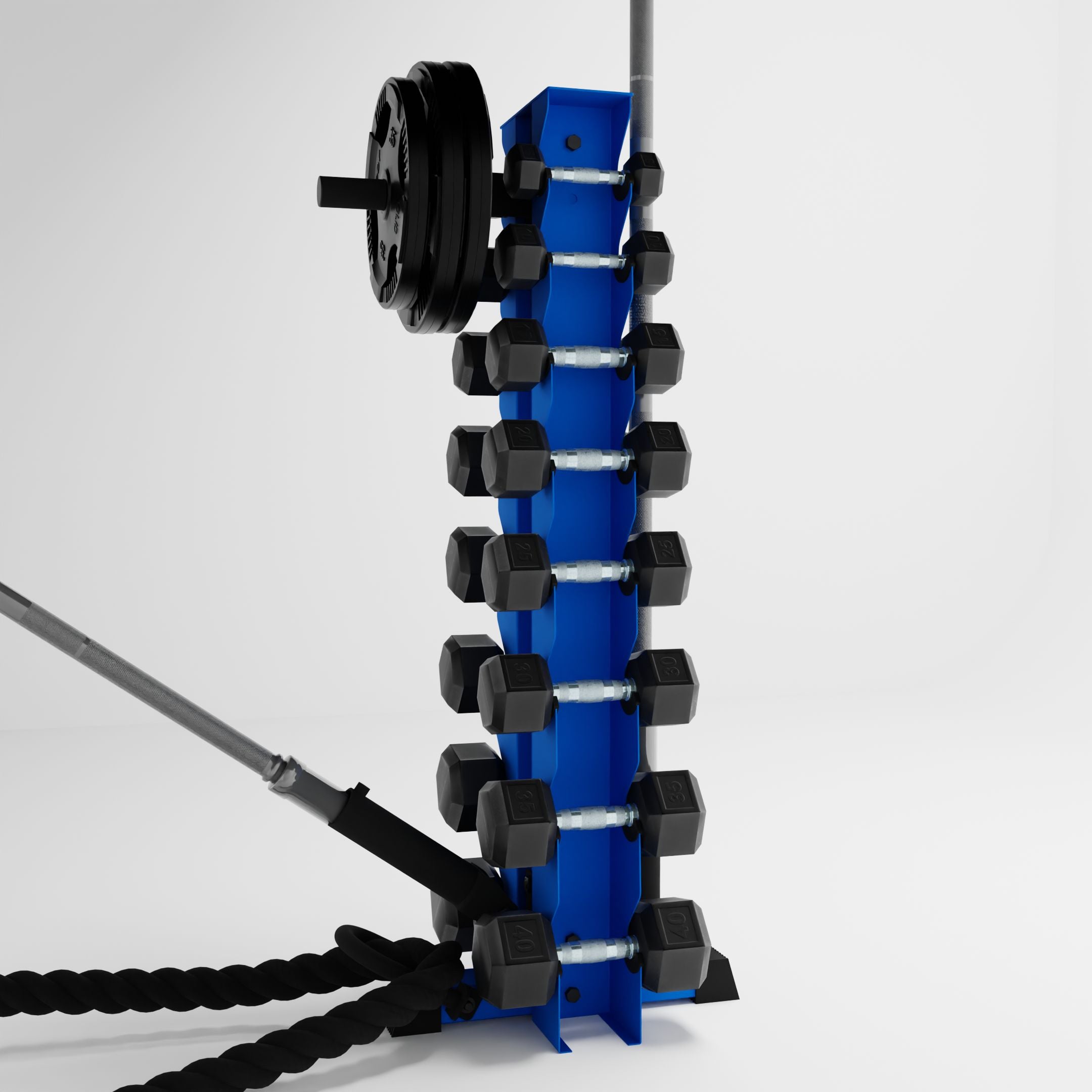 blue alpha 8-tier vertical dumbbell storage rack storing dumbbells, weight plates, barbells, and a battle rope using storage attachment accessories