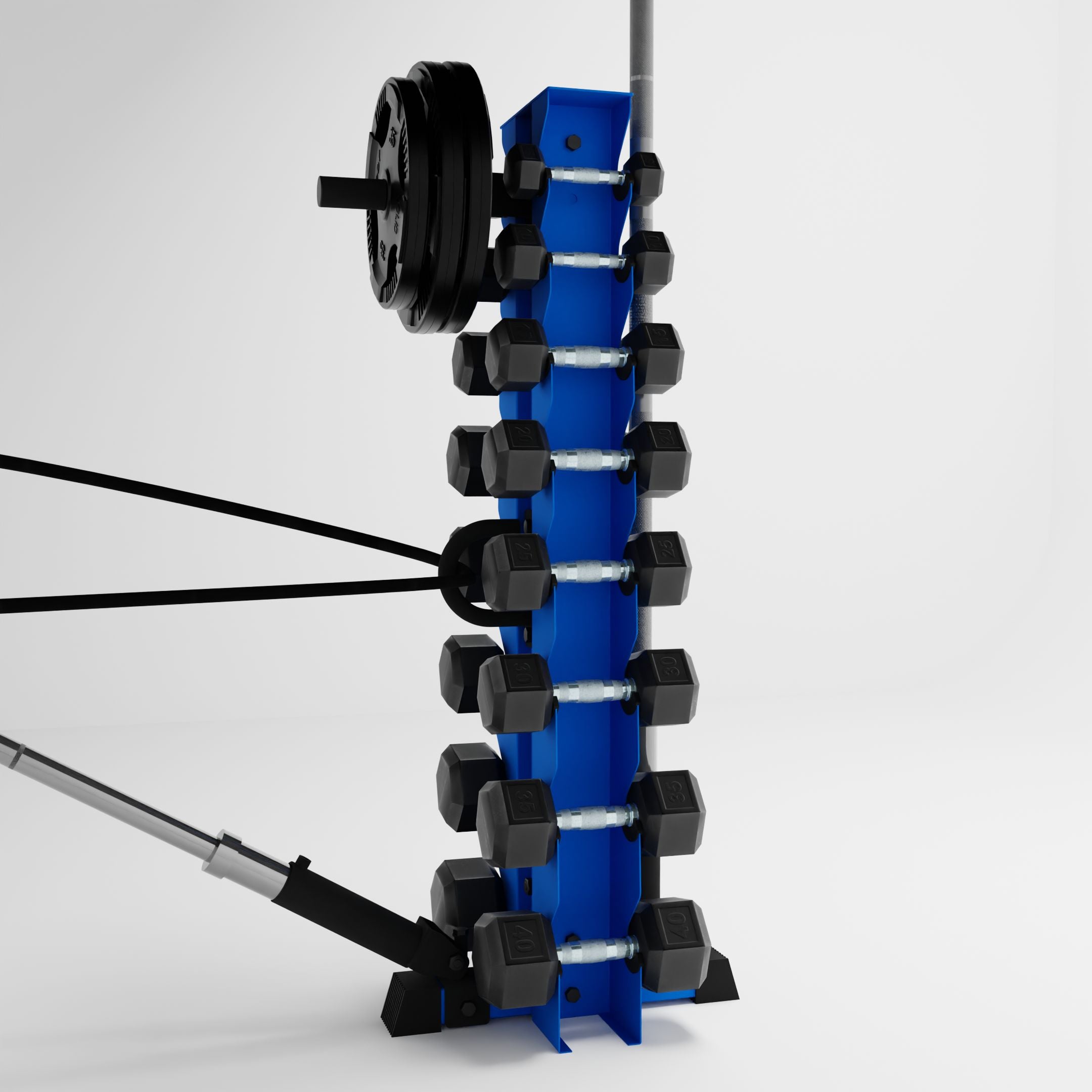 blue alpha 8-tier vertical dumbbell storage rack storing dumbbells, weight plates, barbells, and a resistance band using storage attachment accessories