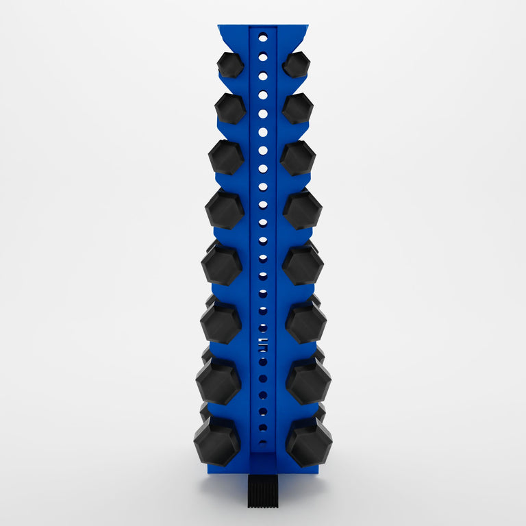 blue alpha 8-tier vertical dumbbell storage rack storing hex dumbbells