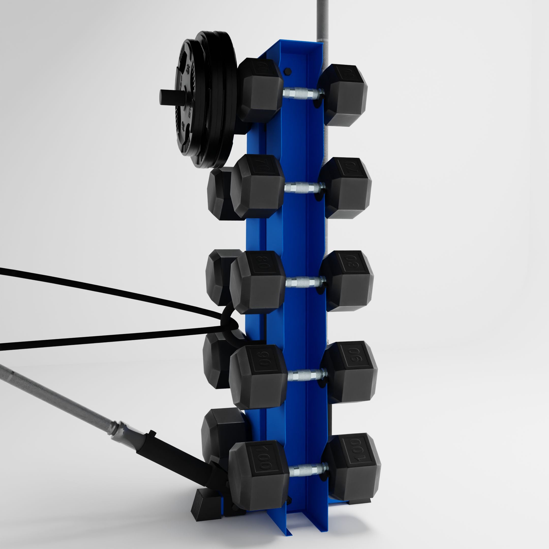 blue alpha elite vertical dumbbell storage rack with accessories holding dumbbells, weight plates, barbells, and a resistance band