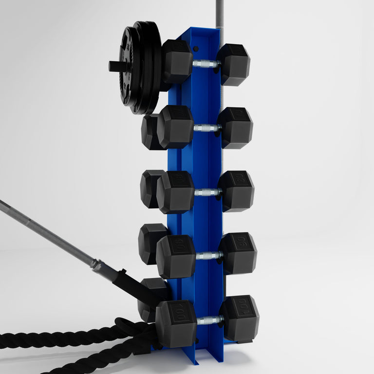 blue alpha elite vertical dumbbell storage rack with accessories holding dumbbells, weight plates, barbells, and a battle rope