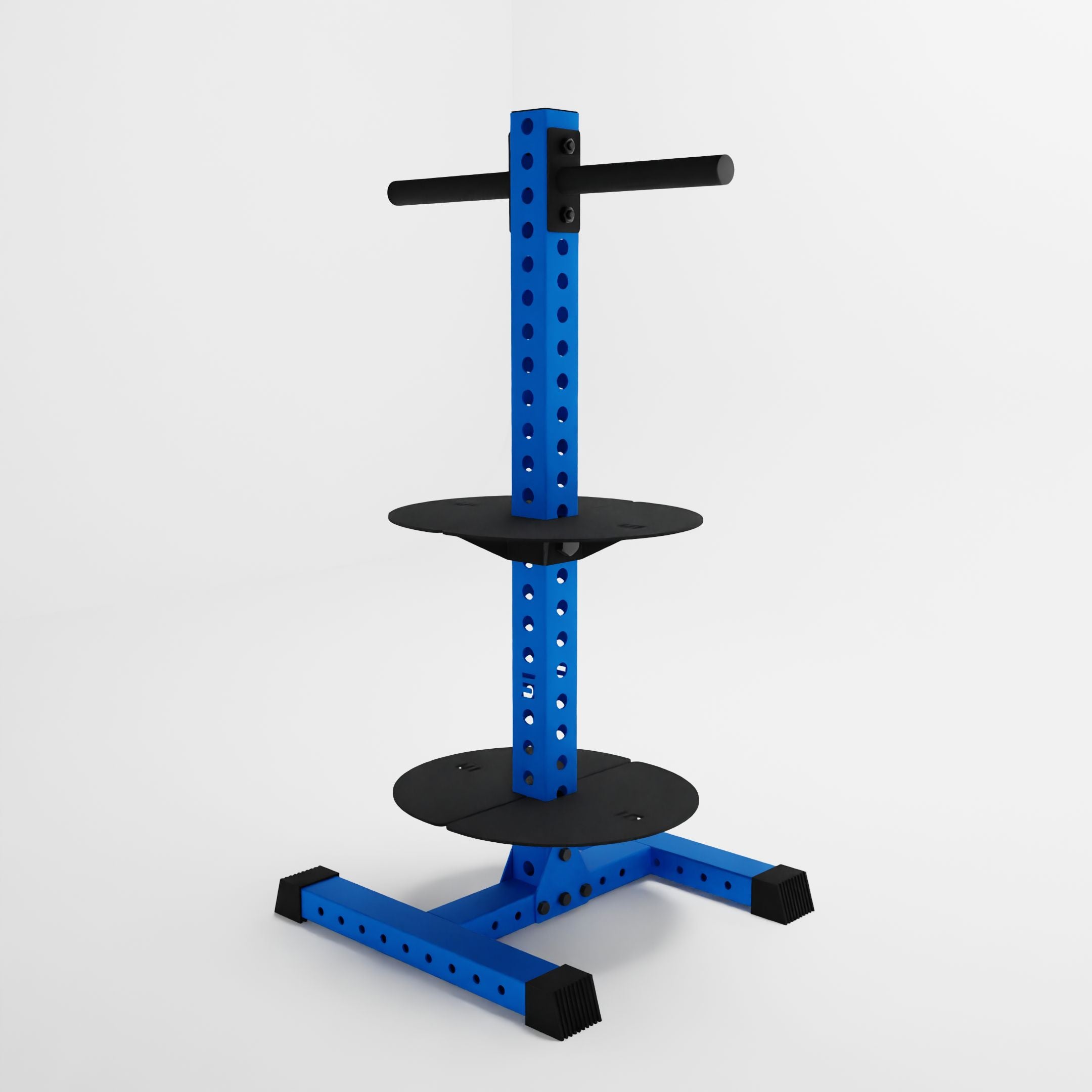 blue alpha pk vertical hybrid plate and kettlebell storage rack side view