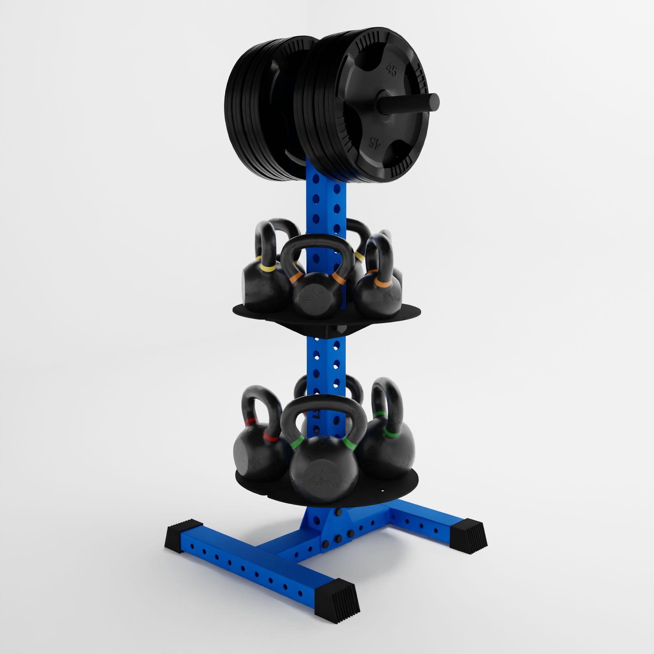 blue alpha pk vertical hybrid plate and kettlebell storage rack storing weight plates and kettlebells side view