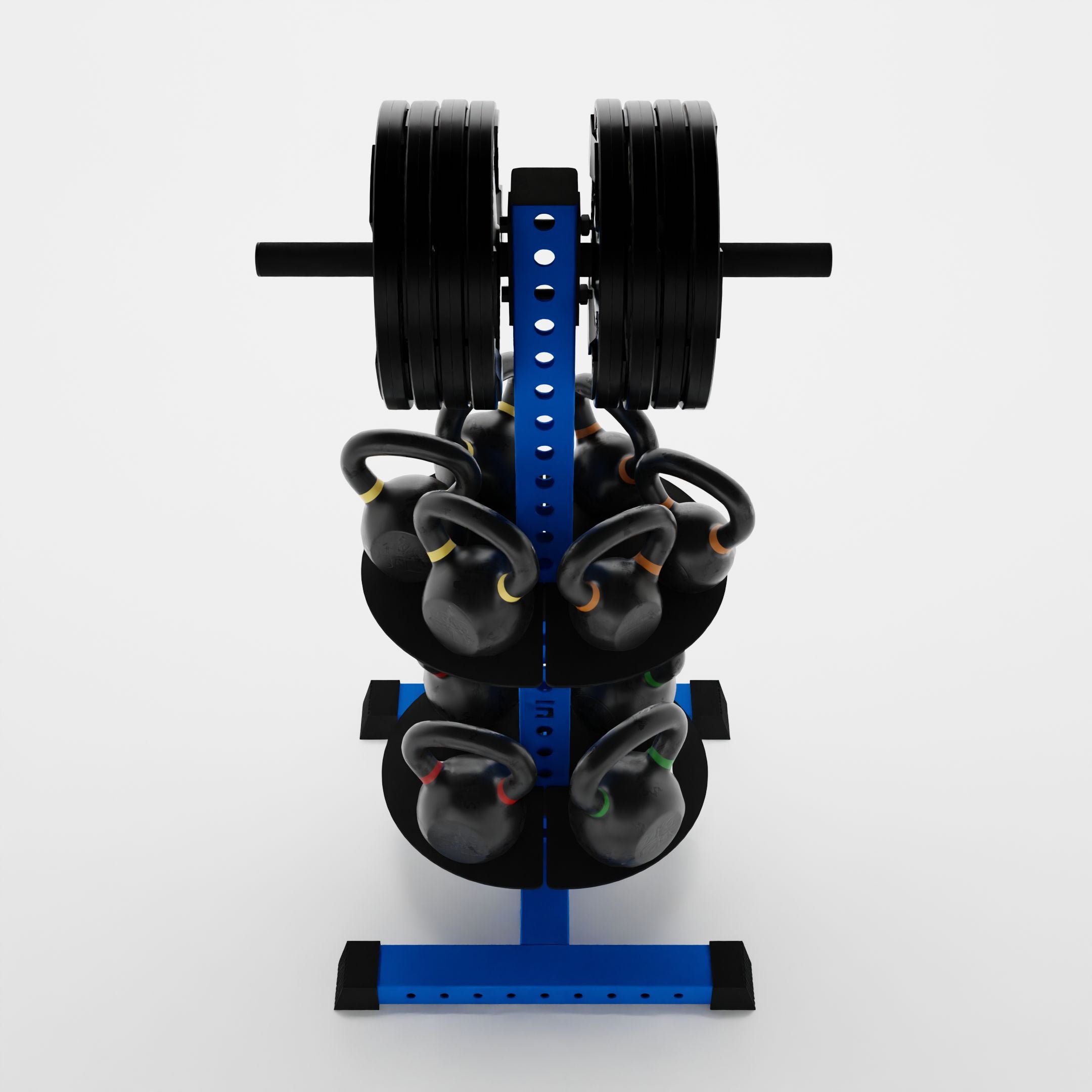 blue alpha pk vertical hybrid plate and kettlebell storage rack storing weight plates and kettlebells top view