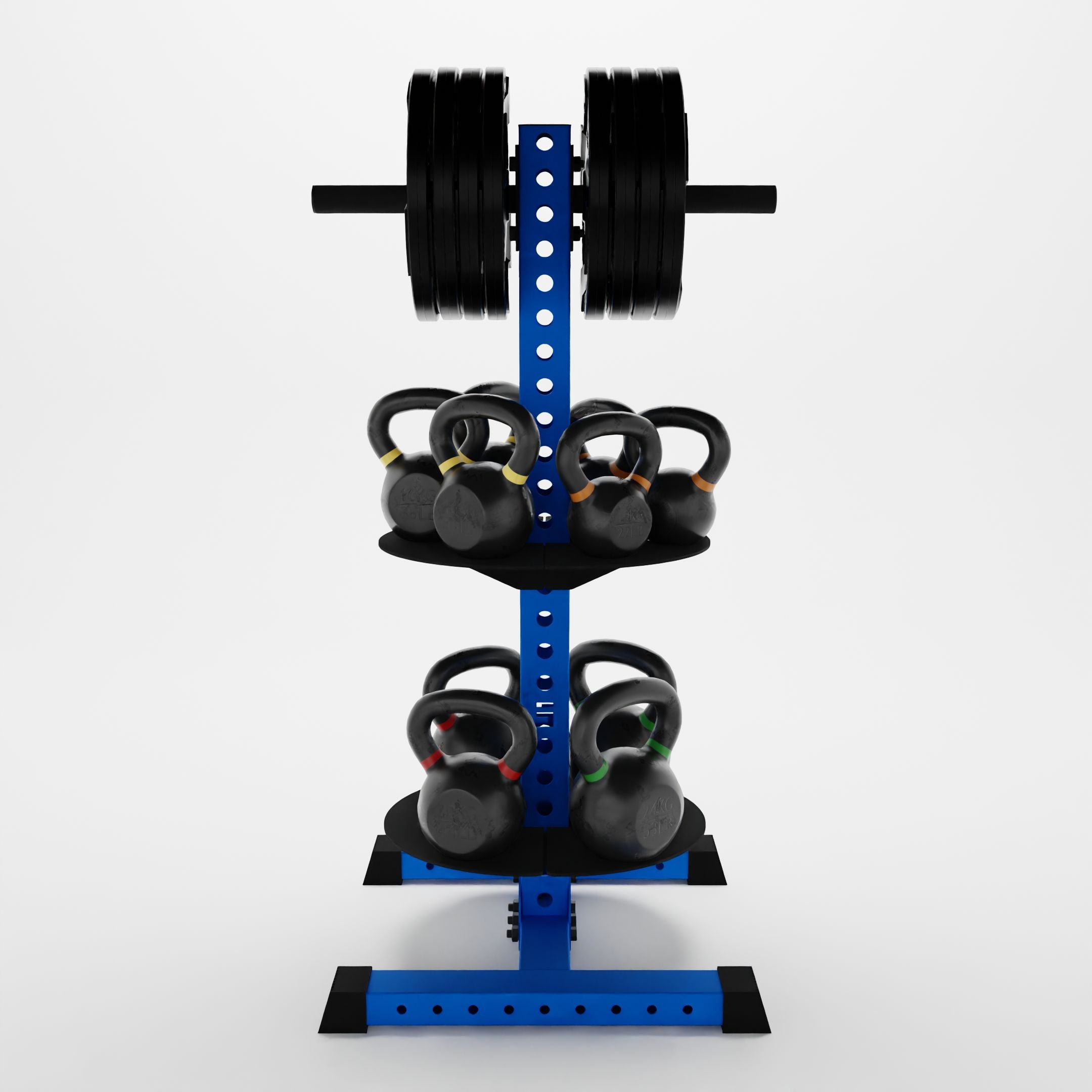 blue alpha pk vertical hybrid plate and kettlebells storage rack storing weight plates and kettlebells