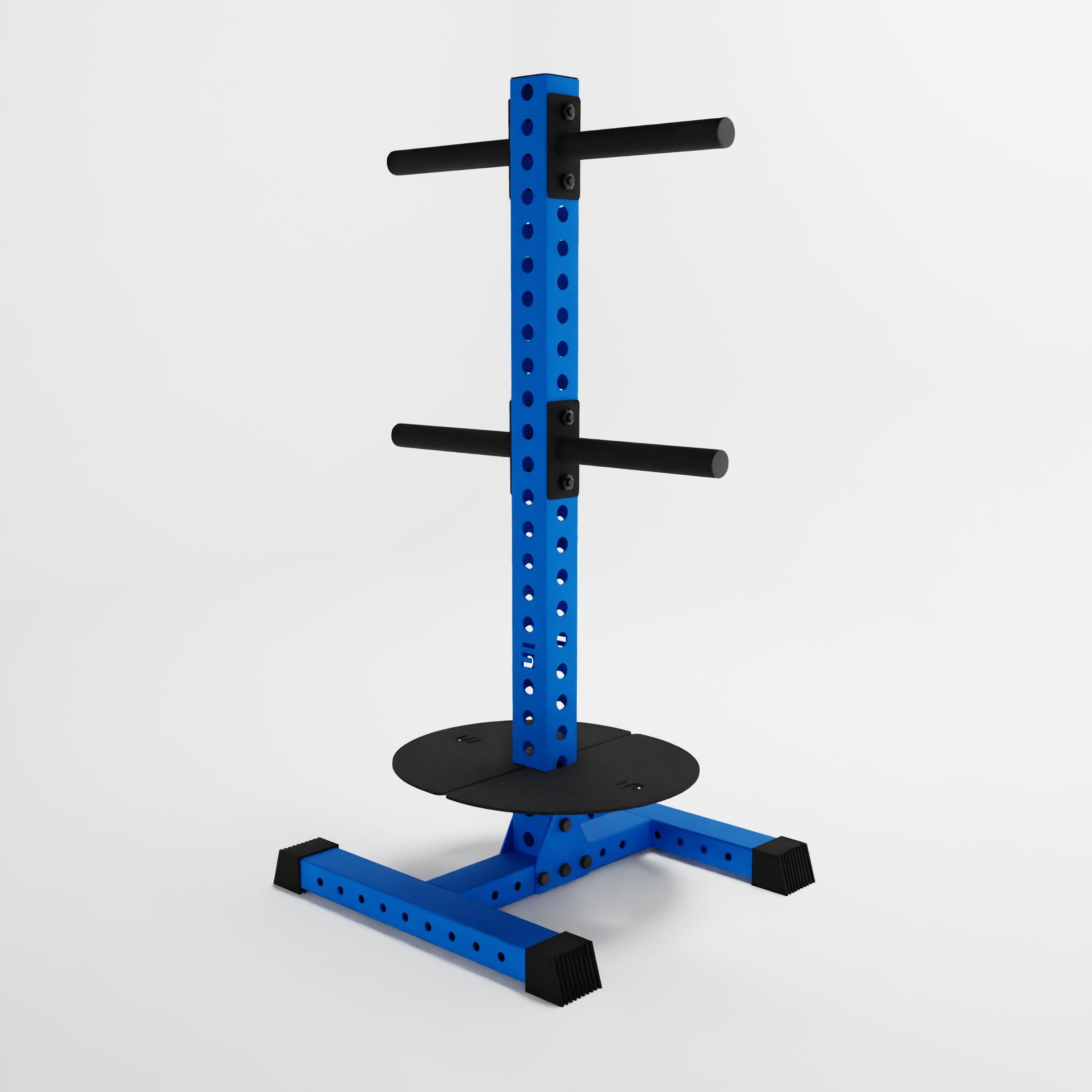 blue alpha pk vertical hybrid plate and kettlebell storage rack side view