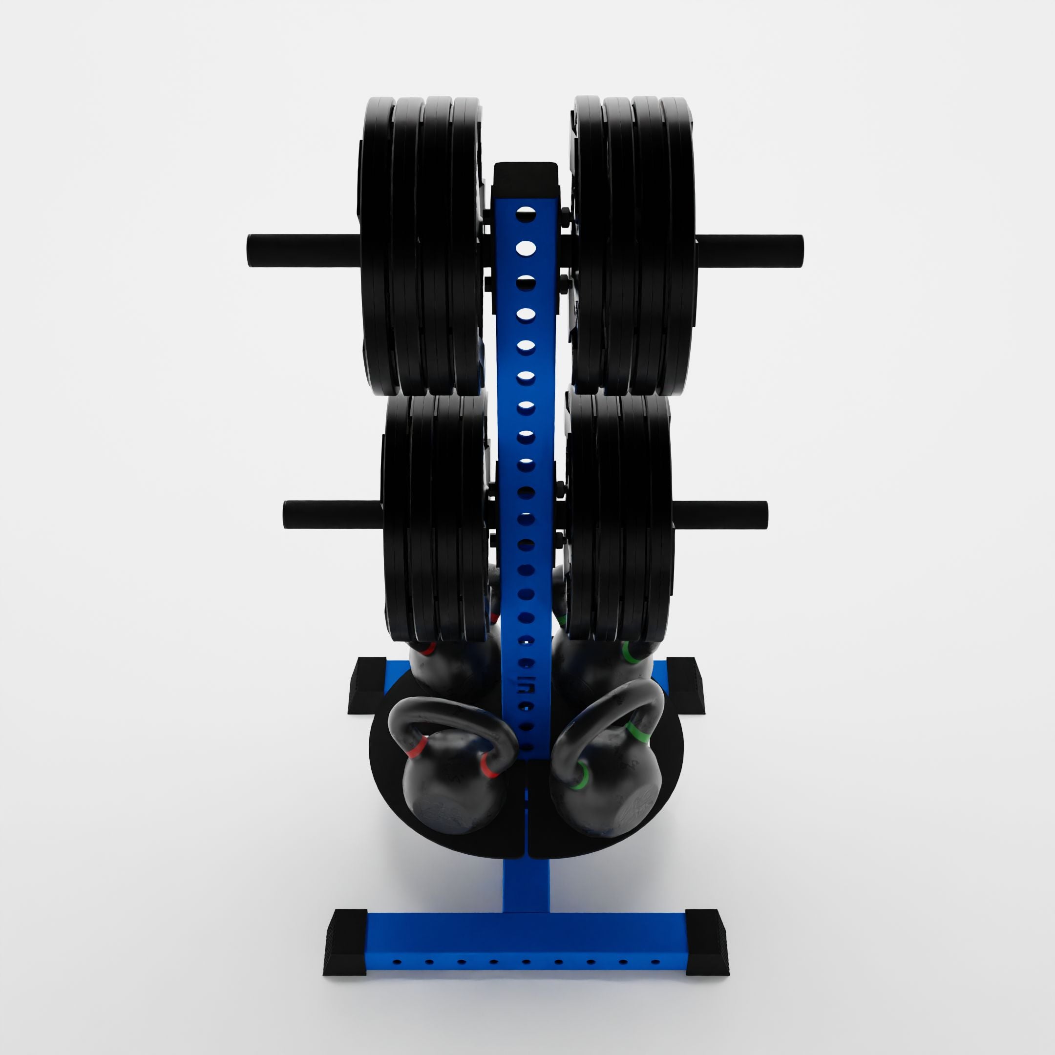 blue alpha pk vertical hybrid plate and kettlebell storage rack storing plates and kettlebells top view