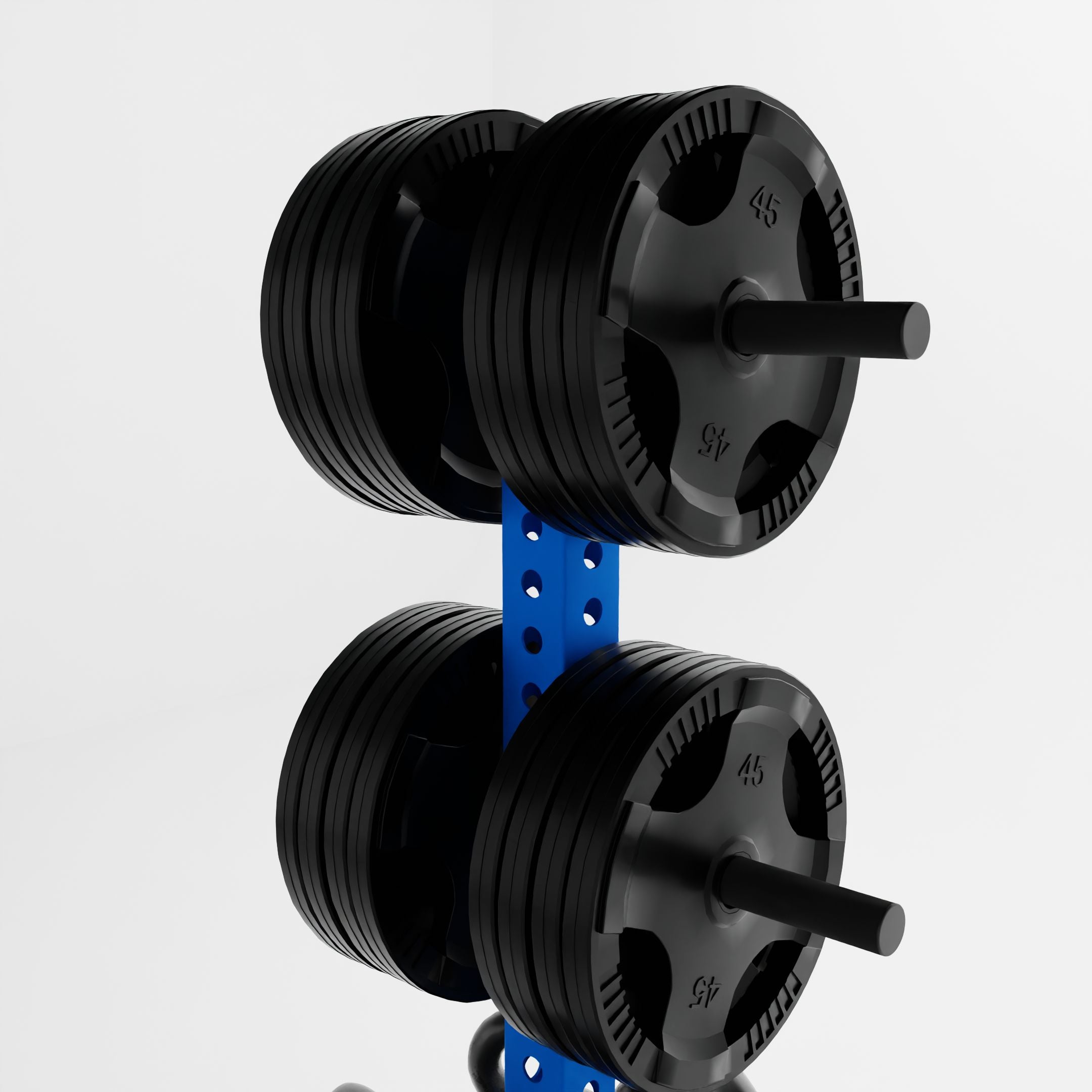 blue alpha pk vertical hybrid plate and kettlebell storage rack storing plates top