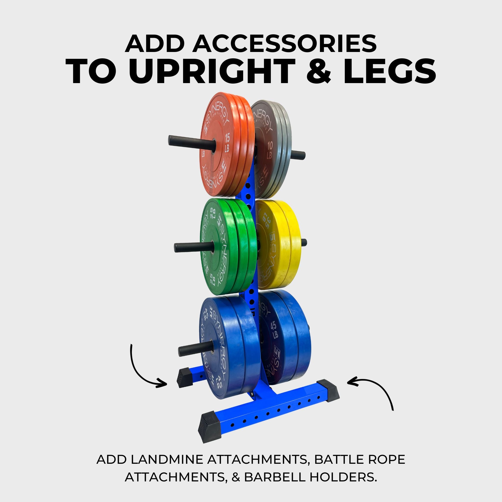 blue alpha vertical weight plate storage tree with six weight plate holders holding various weight plates and text that reads "add accessories to upright & legs, add landmine attachments, battle rope attachments, & barbell holders"